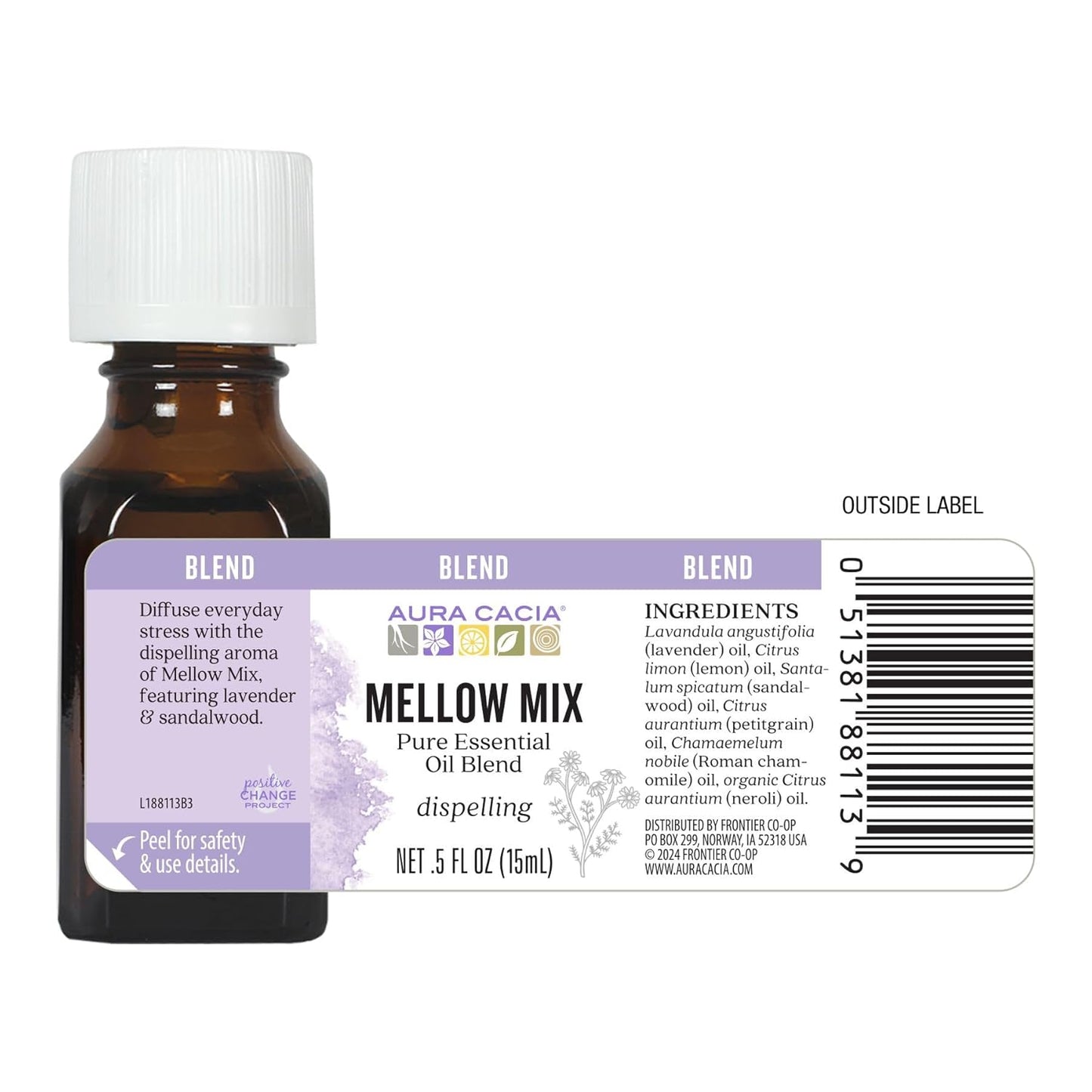 Aura Cacia Mellow Mix Essential Oil Blend | Lavender, Sandalwood, Lemon, Petitgrain, Roman Chamomile, Neroli - Calming Aromatherapy for Diffusion, Topical Use | 0.5 Fl Oz (Pack of 1)