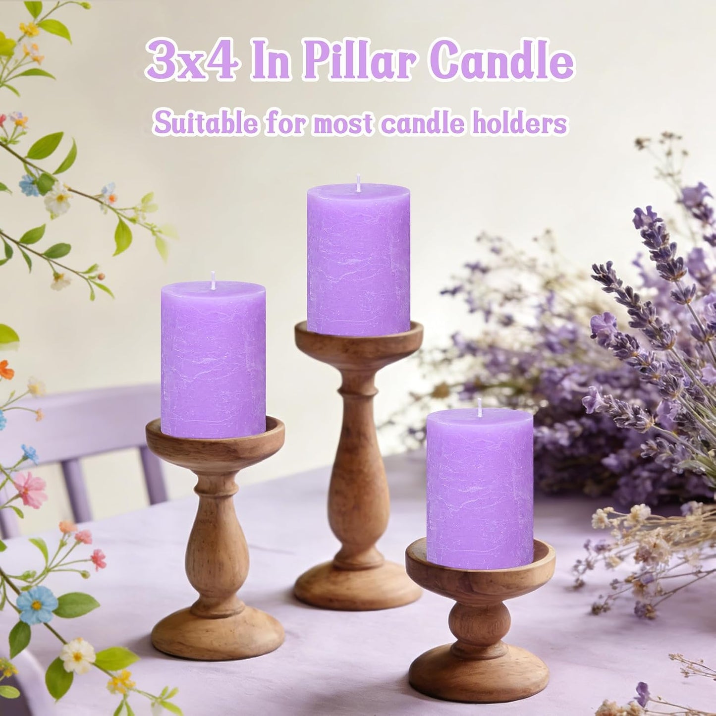 Purple Pillar Candles 3x4 Inch 100% Cotton Core Smokeless Dripless Handmade Lavender Scented 50H+ Long Burning1PC Aromatherapy Candle, Spring Home Decor, Dinner Table, Bathroom, Rustic Decor, Set of 3