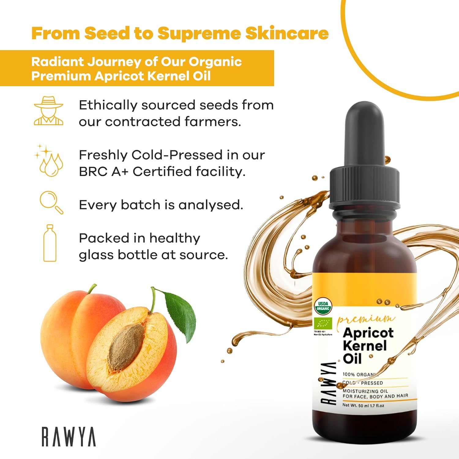 RAWYA Apricot Seed Oil - Cold-Pressed - USDA Organic, Unrefined - Premium Moisturizer Oil for Hair and Skin - Lightweight Texture - Rich in Vitamins A & E - All Skin Type - Glass Bottle - 1.7 Oz