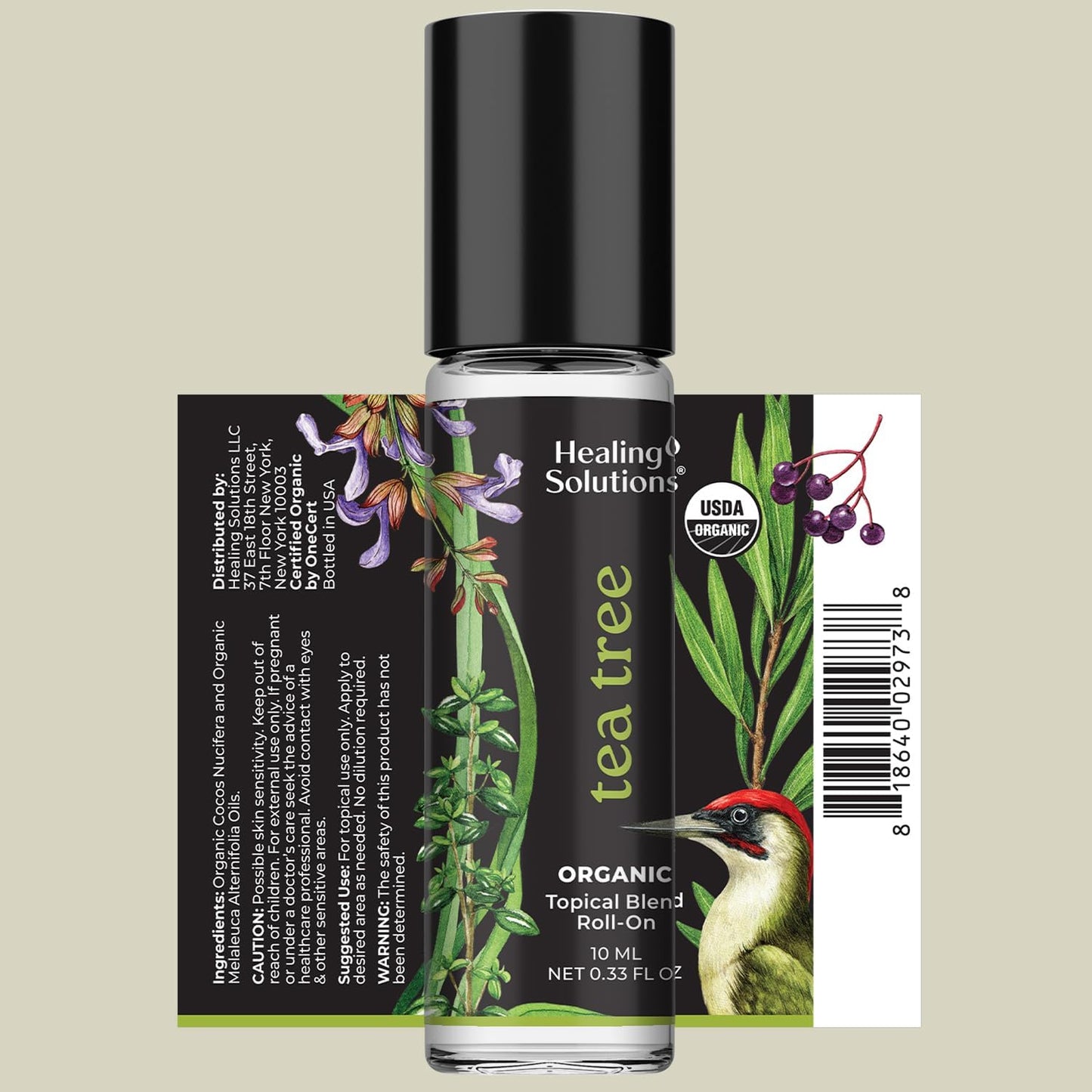 Healing Solutions (2 Pack) USDA Certified Organic Tea Tree Essential Oil Roll-On for Sleep & Skin - Body Oil Topical Applicator