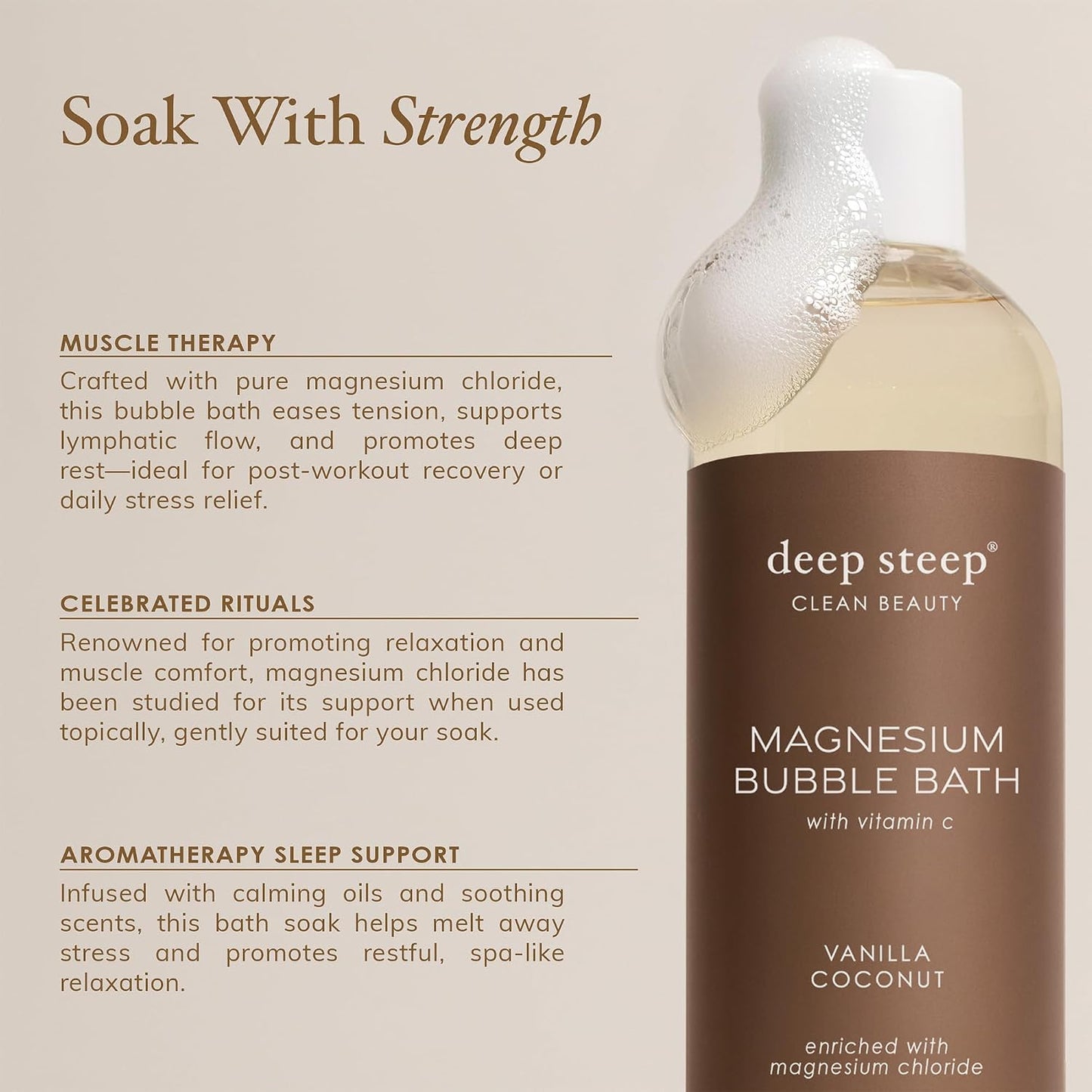Deep Steep Magnesium Bubble Bath, 15.6 oz – Foaming Soak with Magnesium, Coconut Oil, Aloe, Vitamin C, Shea Butter & Argan Oil – Vegan, Clean Beauty for Stress & Sleep (Lavender Chamomile)