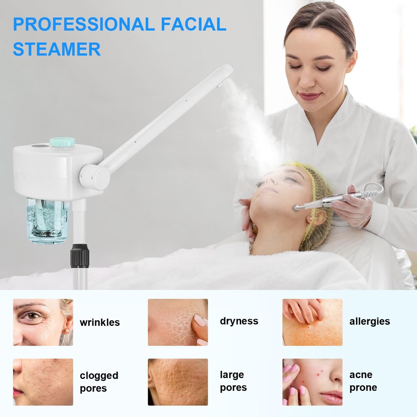 Professional Facial Steamer, Vaporizador Facial Steamer for Esthetician, Face Steamer on Wheels, Rocker Arm/Preheat/Hot Mist Adjustment/Timer Function, Facial Steamers for Home Salon Spa Skin Cleaning