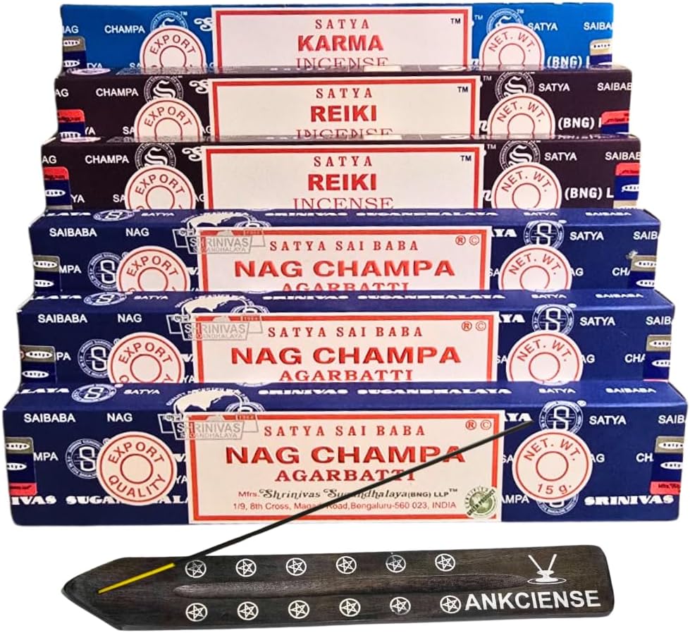 Satya with ANKCIENSE Incense Holder Pack of 3 fragrances Variety Pack of 90 Sticks. Nag Champa, Reiki & Karma Insense Insence