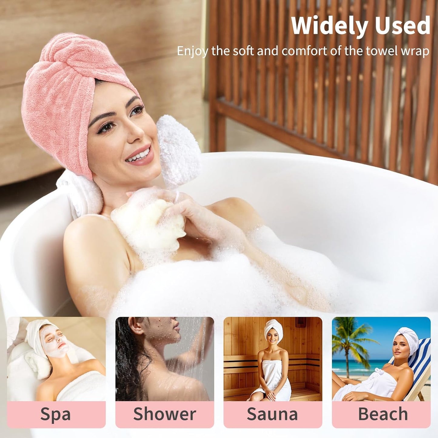 Bath Wrap Towels for Women – Adjustable Spa Shower Wrap with Super Absorbent Microfiber, Quick-Dry Body & Hair Towel Set for Home, Hotel, Beach, Pool, Gym, Travel Pink