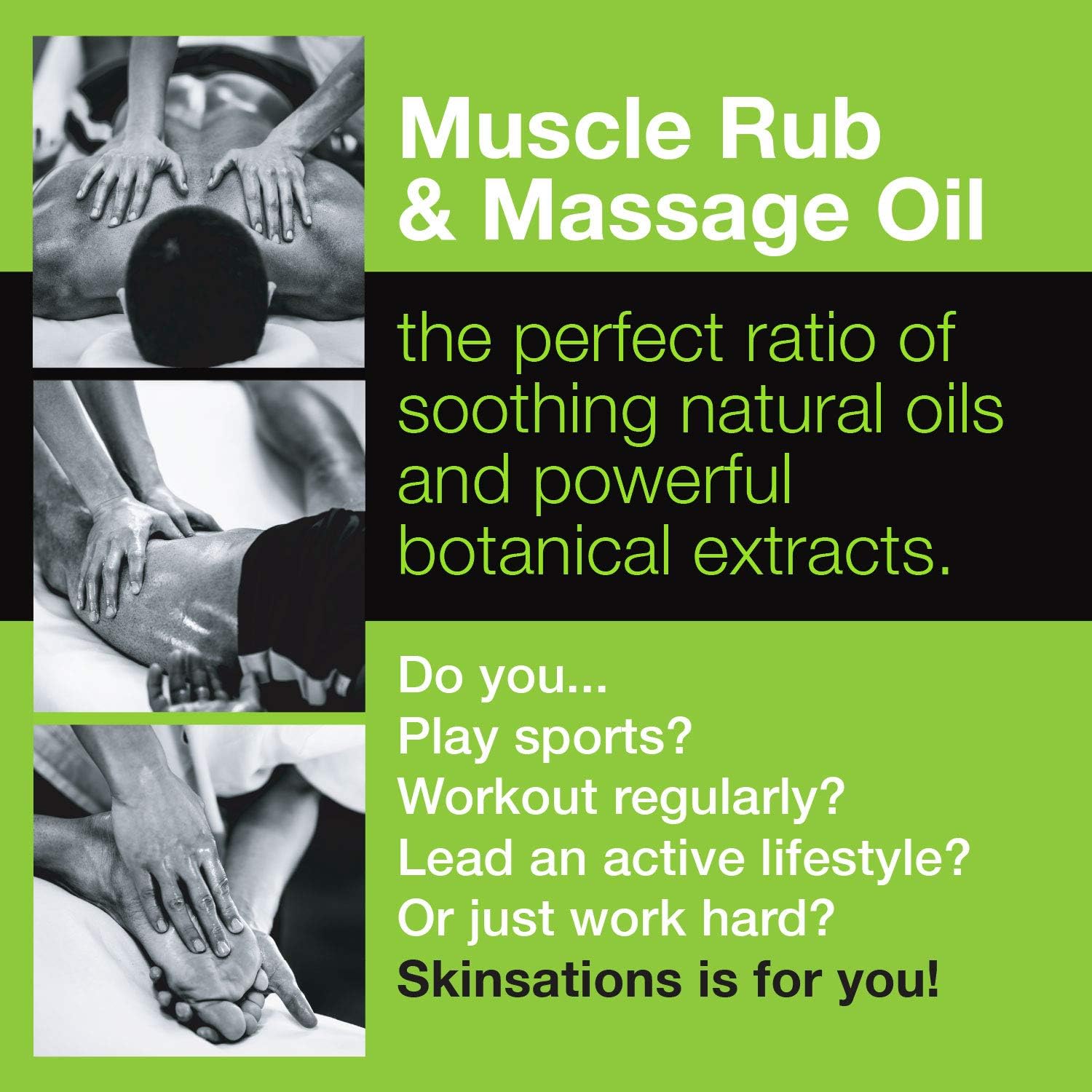 Skinsations - Hemp Massage Oil & Sore Muscle Rub – 100% Organic Relief with Arnica, Turmeric & 10 Essential Oils, Peppermint & Lavender in Sweet Almond & Hemp Seed Oil