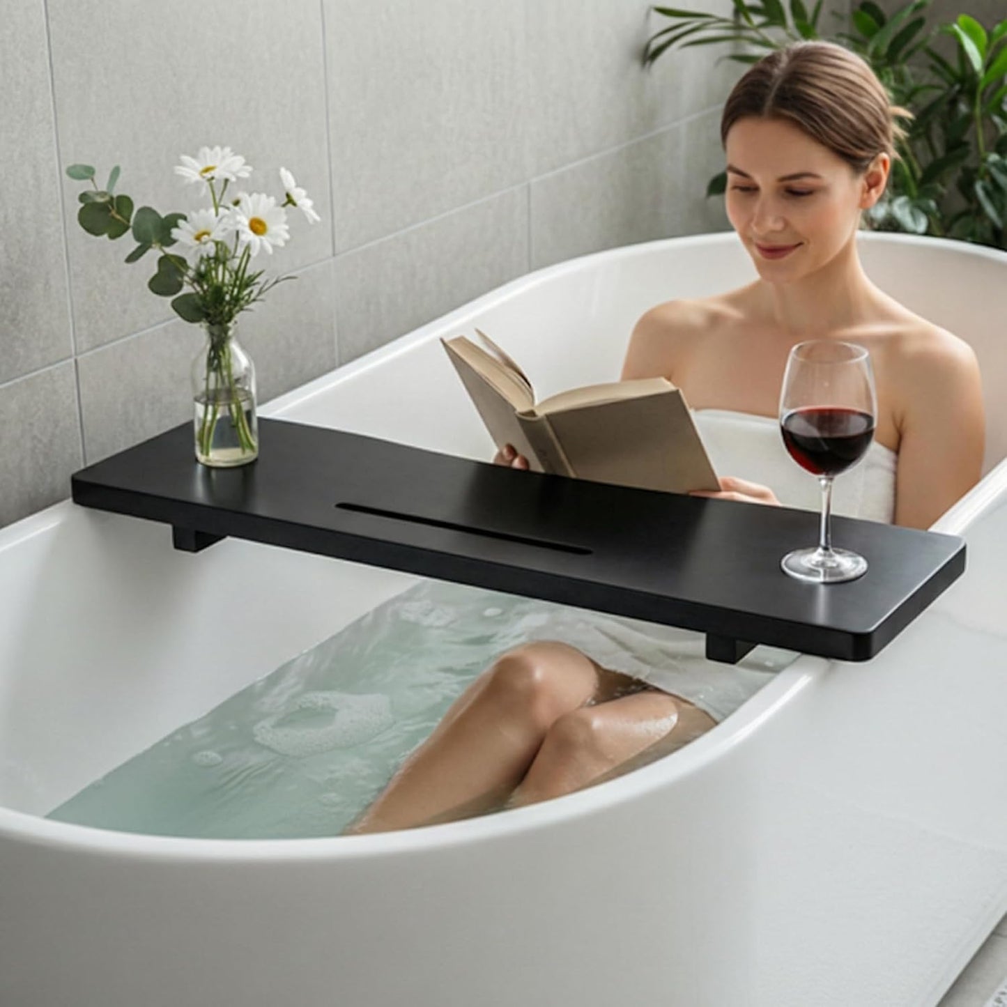 Elegant Black Bamboo Bathtub Tray Caddy for Standard Tub, 31" L Adjustable Bath Tray for Tub, Luxury Spa Bathroom Tray Organizer Table, Bath Tub Accessories for Women, Housewarming, Birthday Gifts