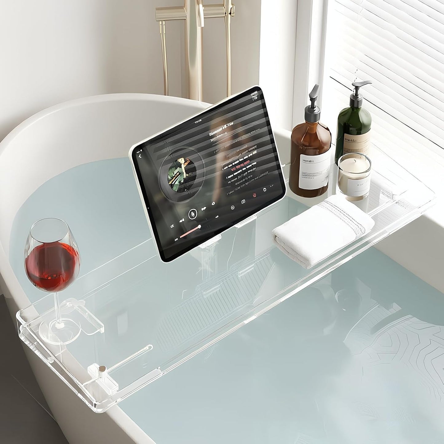 Bathtub Tray, Acrylic Bath Caddy with Adjustable Lock - Sweet Gift for Birthdays, Weddings, Anniversaies, and Housewarmings, Clear
