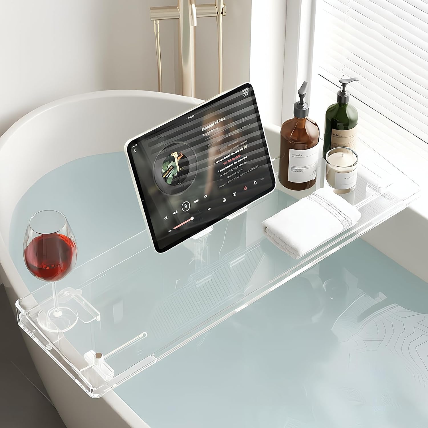 Bathtub Tray, Acrylic Bath Caddy with Adjustable Lock - Sweet Gift for Birthdays, Weddings, Anniversaies, and Housewarmings, Clear