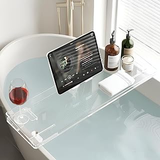 Bathtub Tray, Acrylic Bath Caddy with Adjustable Lock - Sweet Gift for Birthdays, Weddings, Anniversaies, and Housewarmings, Clear