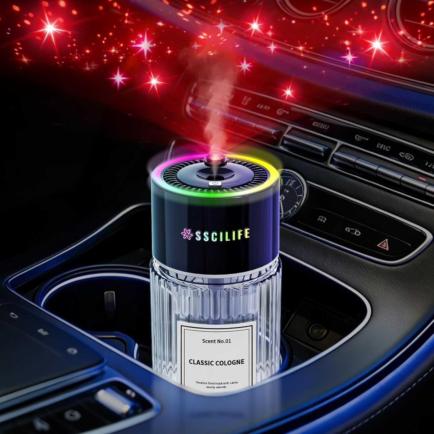 Smart Car Air Freshener Diffuser, Auto On/Off Car Aroma Diffuser, 4 Mist Modes, 120ml Rechargeable Oil Freshener, RGB Music Sync Light, Star Light, Up to 120 Days Use-Classic Cologne Scent