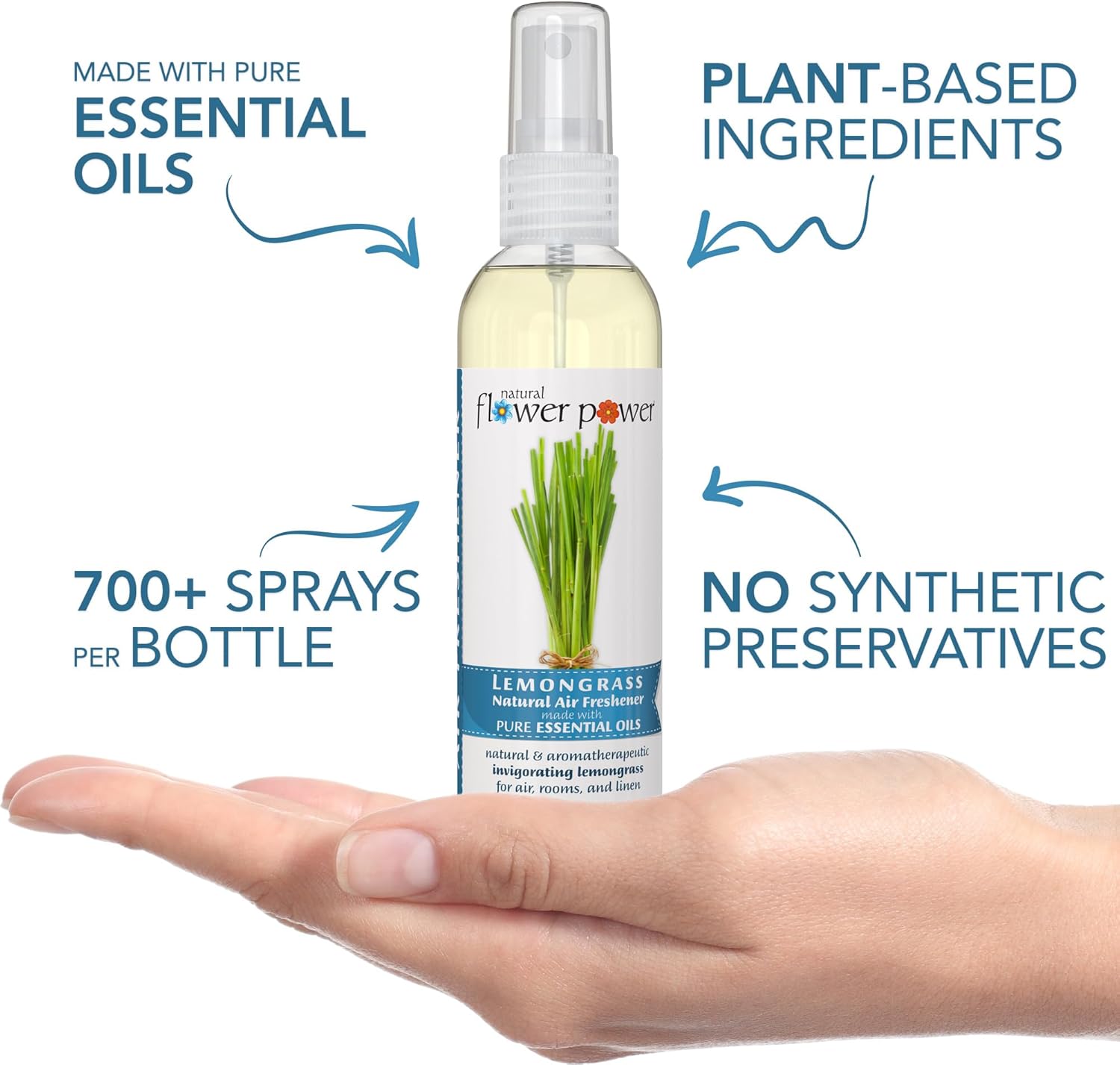 Natural Flower Power Air Freshener Spray | Lemongrass 4 Fl Oz | Pack of 3 | Scented w/ Pure Essential Oils | Non-Aerosol Plant-Based Odor Eliminator | Room, Linen, or Car Spray | Cruelty-Free & Vegan