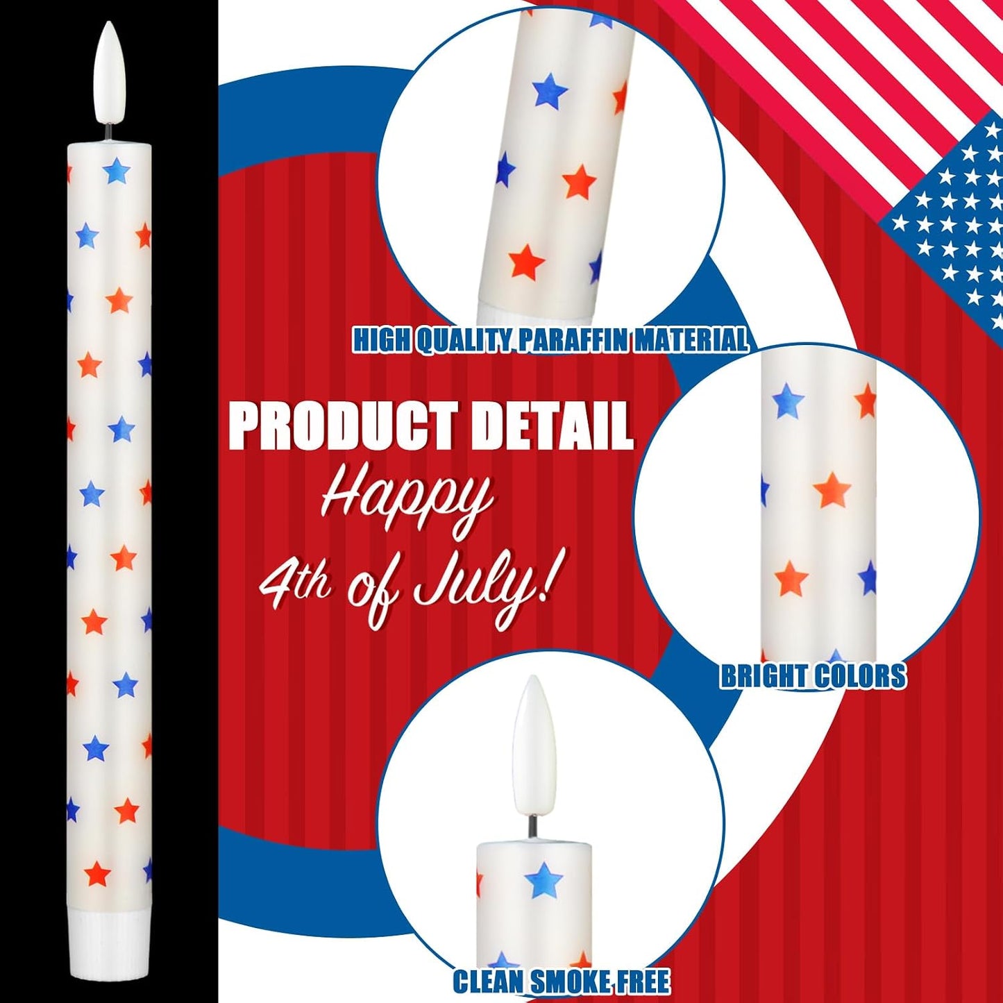 Rossesay 6 Pcs 4th of July Candles 250th Anniversary Flameless Taper Candles Patriotic White Red Blue Star Wax American Independence Day Battery Operated LED for Home Decoration(Star)