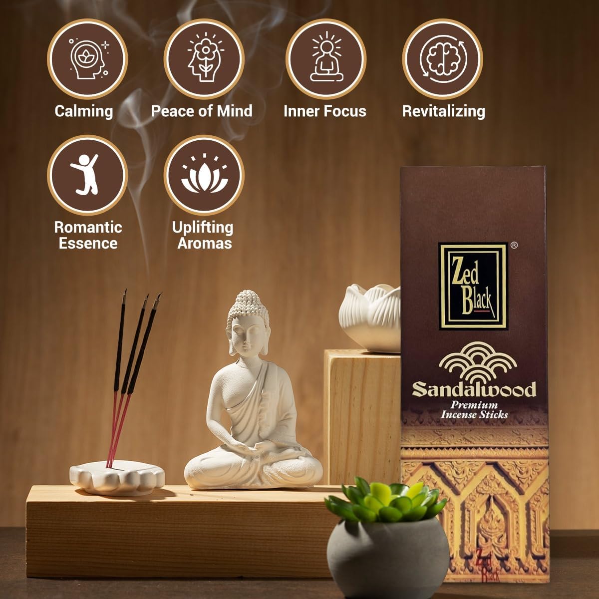 Sandalwood Incense Sticks -120 Count | Hand-Rolled, Long-Lasting Sandalwood Aroma | Ideal for Meditation, Relaxation, Yoga & Spiritual Balance I Zed Black