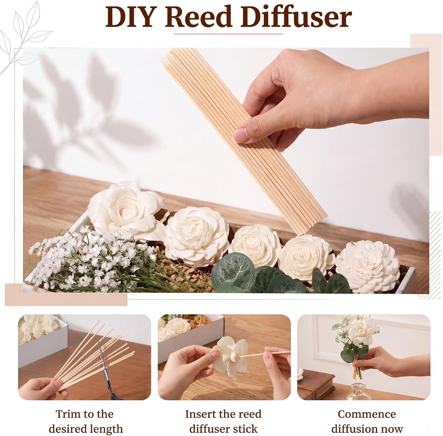 XunYee 33 Pcs Reed Diffuser Set Include Flowers and Sticks，Sola Flowers with Eucalyptus and Gypsophila Oil Diffuser Sticks Aromatherapy for Home Decor Bathroom Decor (Rose, Lotus, Chrysanthemum)