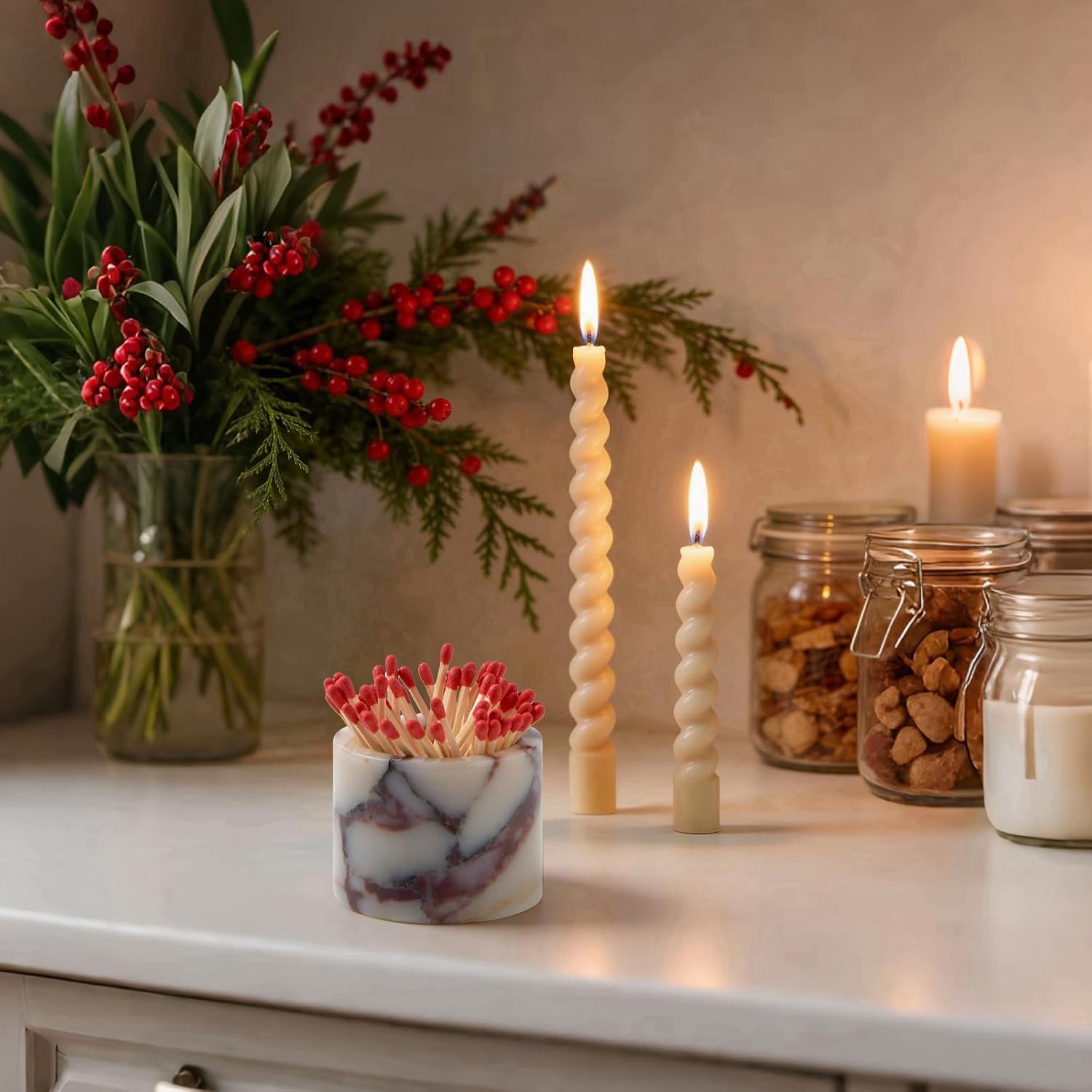 Luxury Natural Marble Match Holder with Striker –Small 2.5" x 2" Calacatta Viola Stone Decorative Matchbox for Bathroom Candles & Fireplace, Cute Match Jar for Home Decor Gift (Matches Not Included)