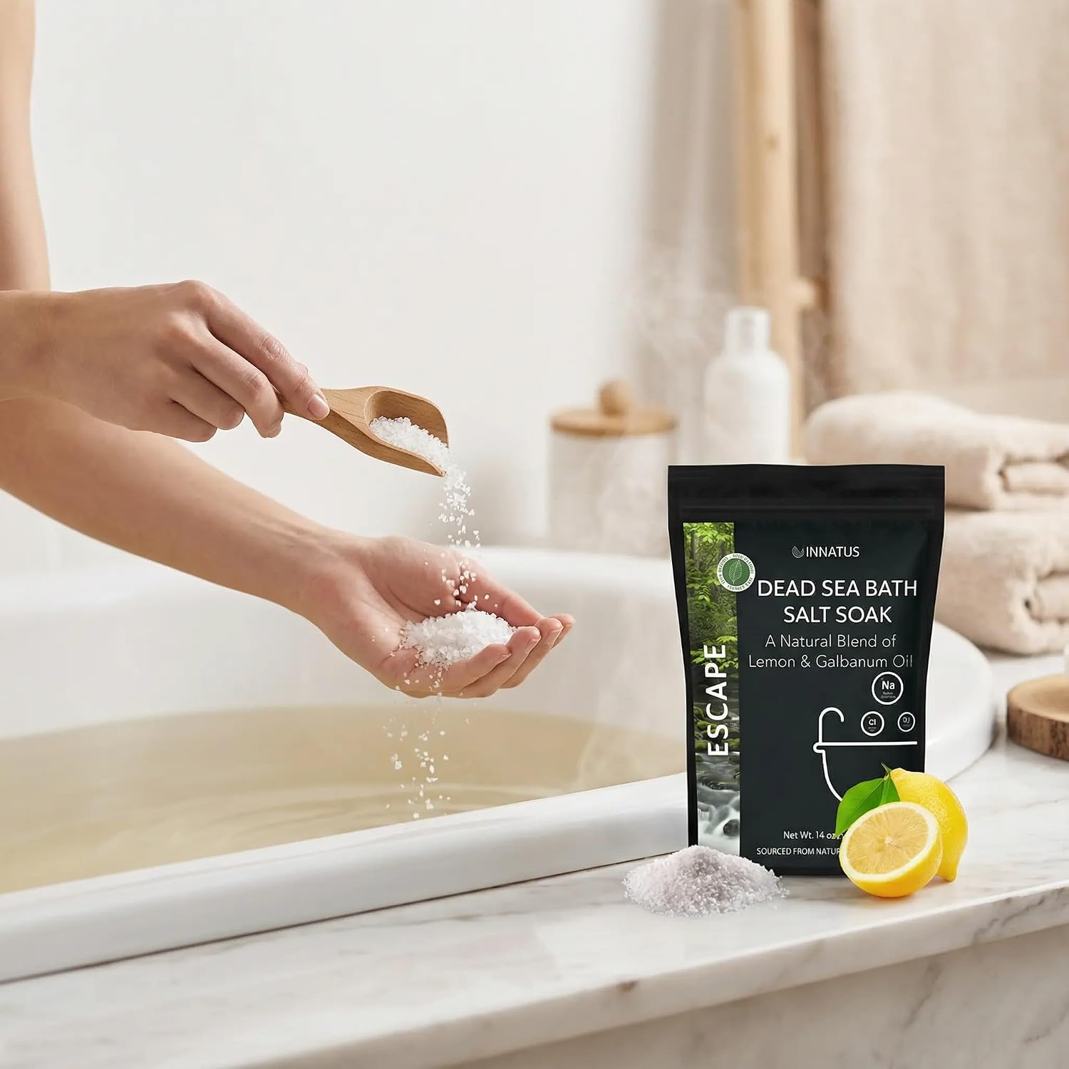 Dead Sea Soothing Bath Salt Soak with 21 Minerals – Relaxing, Detoxifying, and Nourishing for Skin – 14oz, Infused with Essential Oils – Rejuvenate Mind & Body. (Lemon)