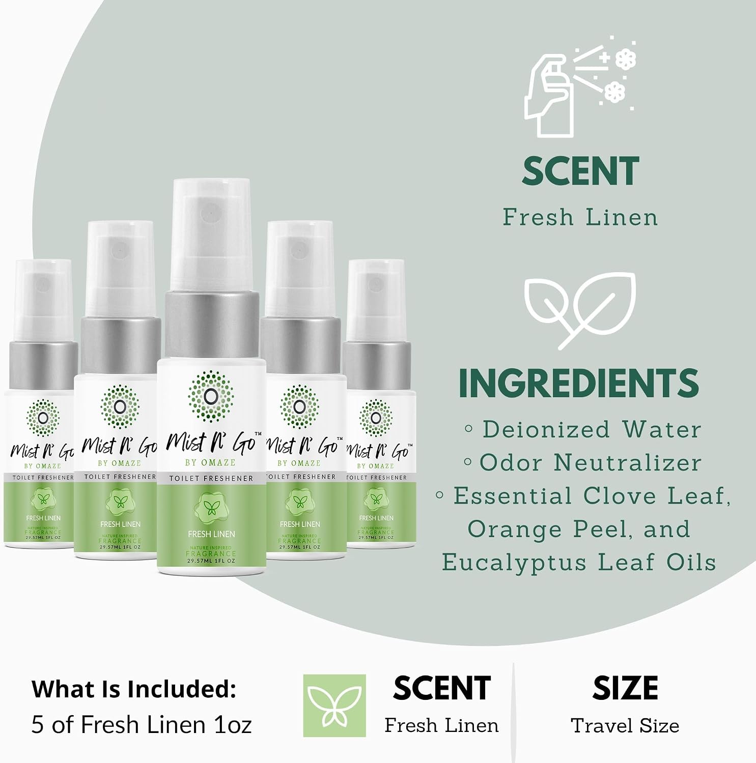 by Omaze Travel Bathroom Spray - Toilet Odor Eliminator & Air Freshener - Fresh Linen (1oz x5)