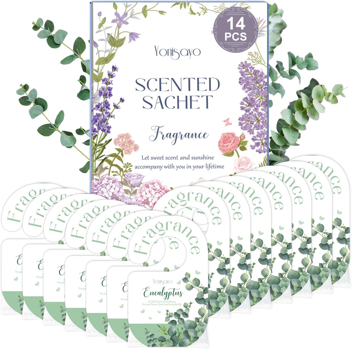 14 PCS Eucalyptus Sachets Bags for Drawers and Closets, Long Lasting Scented Sachets Air Fresheners, Natural Odor Eliminator, Home Fragrance for Wardrobe, Shoe Cabinet, Car & Bathroom Potpourri Bag