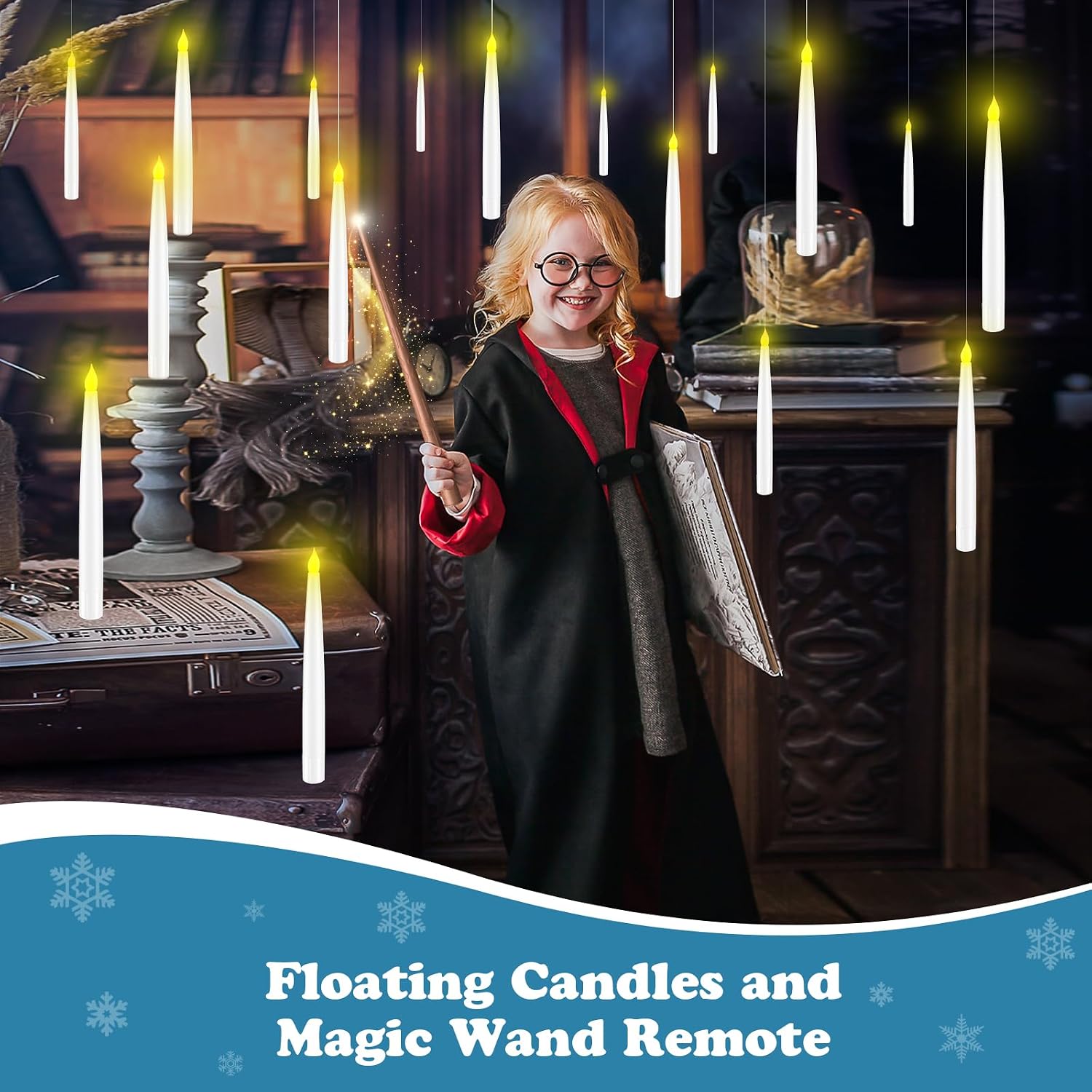 Halloween Decorations, Floating Candles with Wand, Magic Hanging Candles Flickering Warm Light Flameless LED Taper Candle with Wand Remote, Battery Operated Window Candles for Holiday Decor (12 Pack)