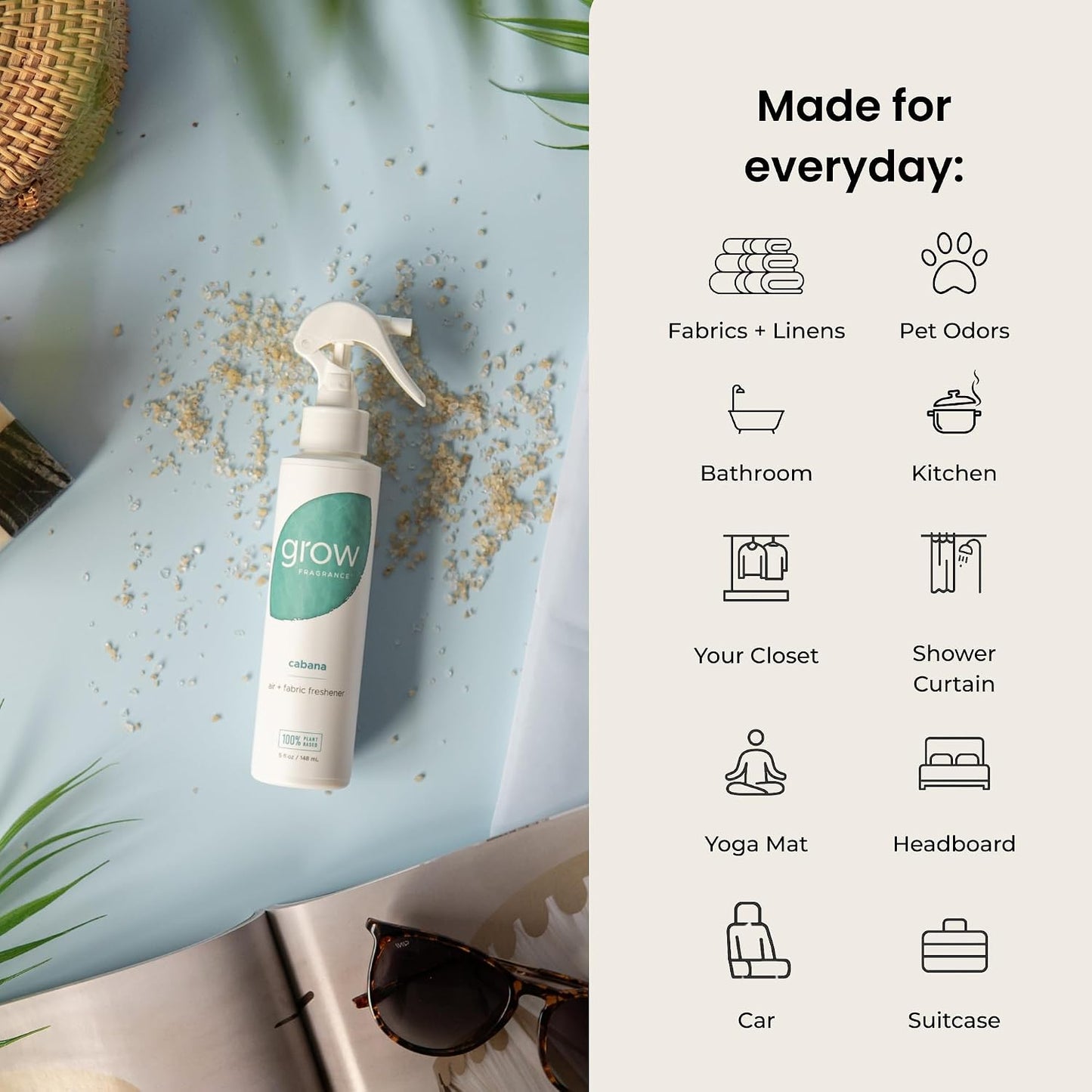 Grow Fragrance Certified Non Toxic, 100% Plant Based Fabric and Room Air Freshener Spray. Made with All Natural Essential Oils | Summer 3 Pack (Coconut Soleil, Cabana, Coastal Tide) 3 x 5oz