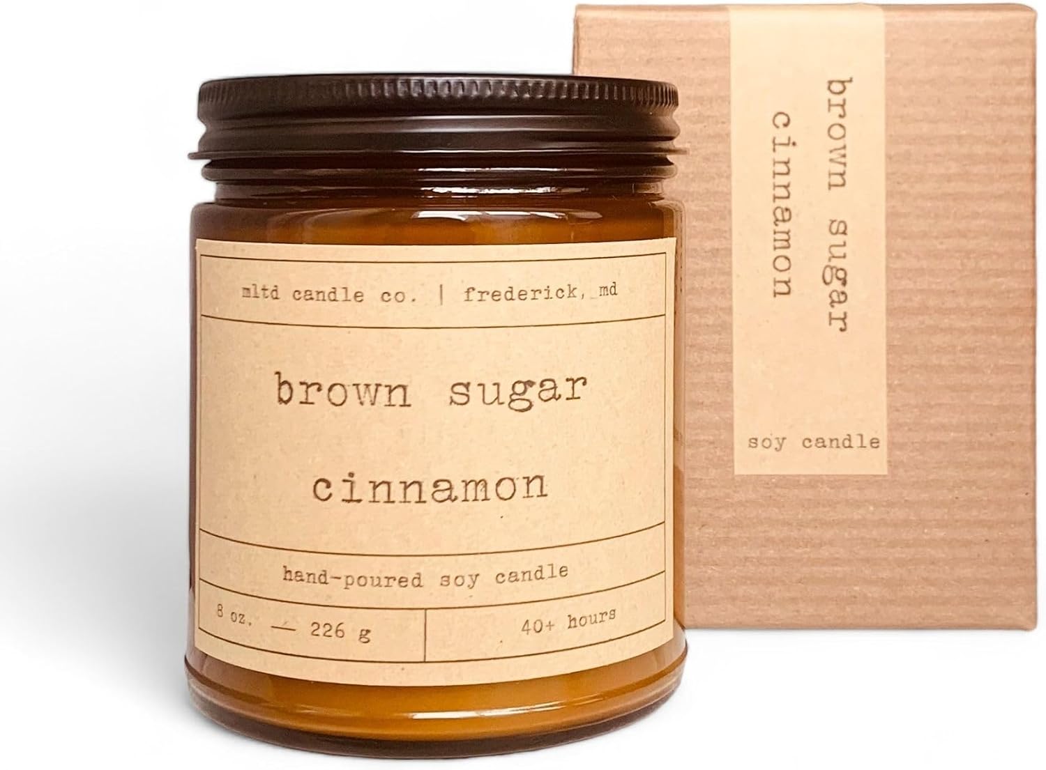 Brown Sugar Cinnamon Soy Candle | Brown Sugar, Butter, Cinnamon Scented | 8 oz. | 40 Hour Burn Time | Non-Toxic, Phthalate-Free, Dye-Free | Hand-Poured | Amber Jar | Cotton Wick | Made in The USA