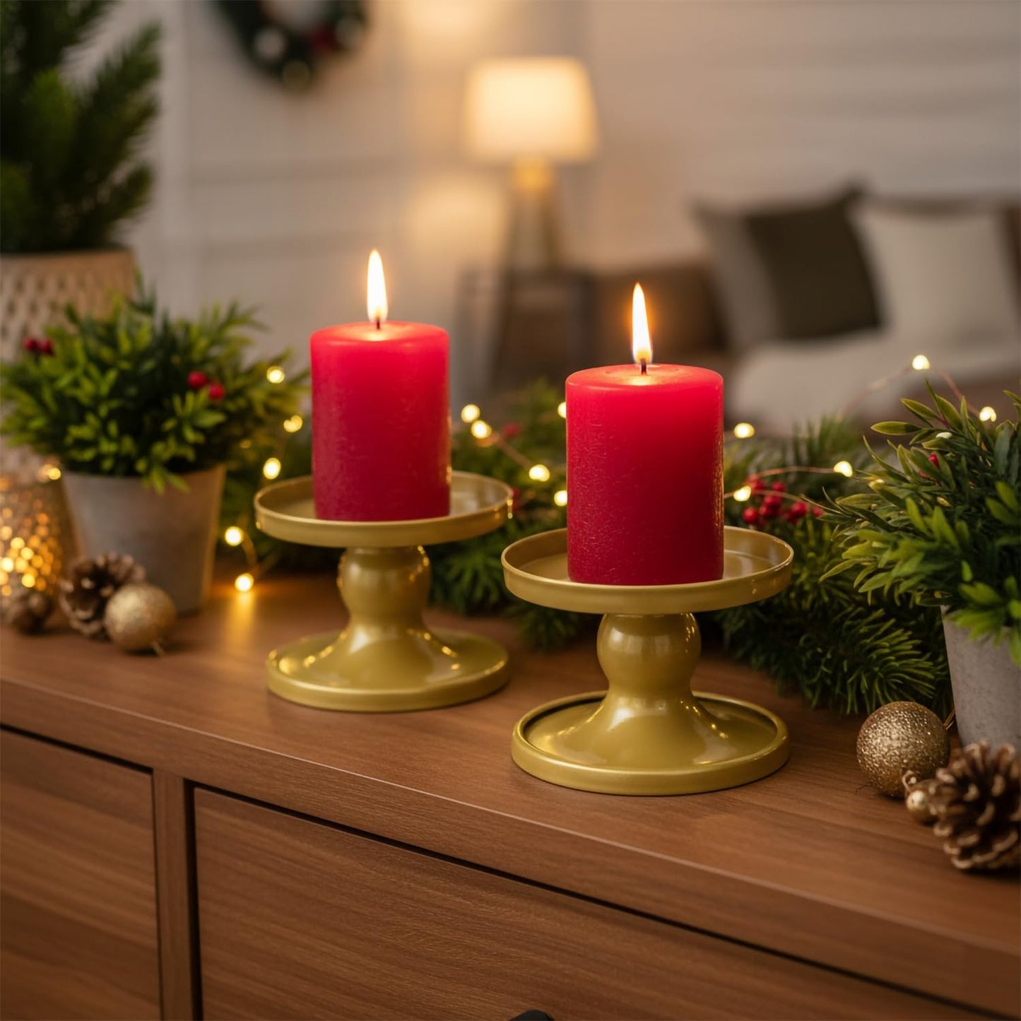 Table Yellow Candle Holders – Set of 2 | Reversible Metal Candle Stand for Pillar & Taper Candles | Stylish Tabletop Candle Tray for Home Décor, Weddings & Special Occasions (Yellow)