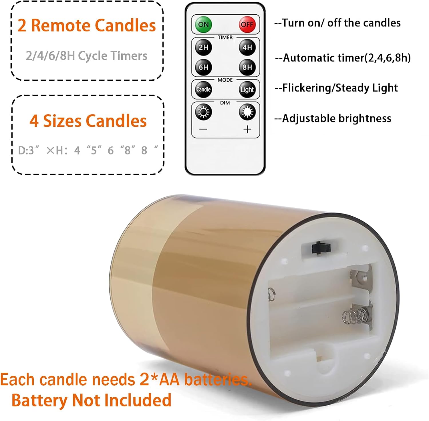 Fo32won Amber LED Flameless Pillar Candles Battery Operated with Remote Timer, 5 Pack 3D Flickering Acrylic Candles for Home Living Room Bedroom Fireplace Wedding Party Holiday Decor & Gift