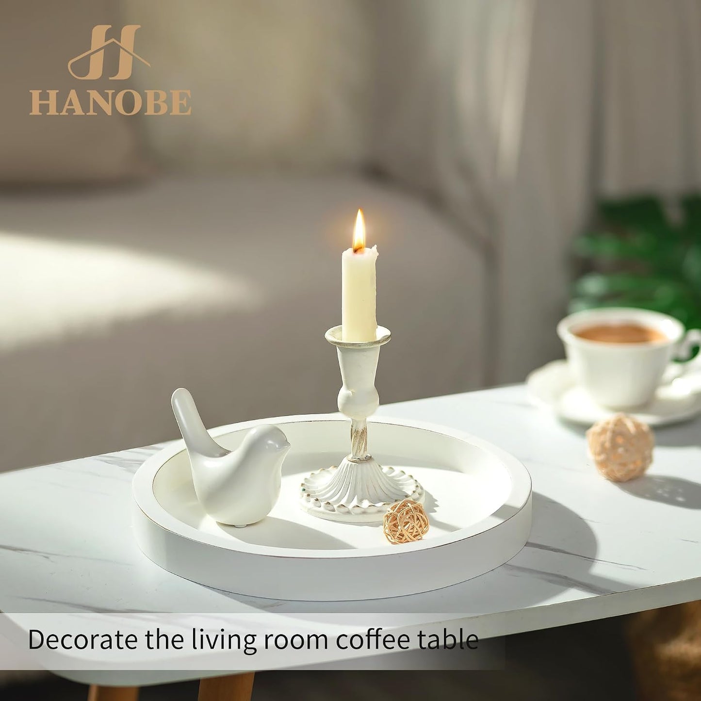 Hanobe Decorative Tray for Coffee Table: Wood Candle Holders Plate Round Rustic Trays for Ottoman Centerpiece Home Decor Living Room Kitchen Corner Organizer White