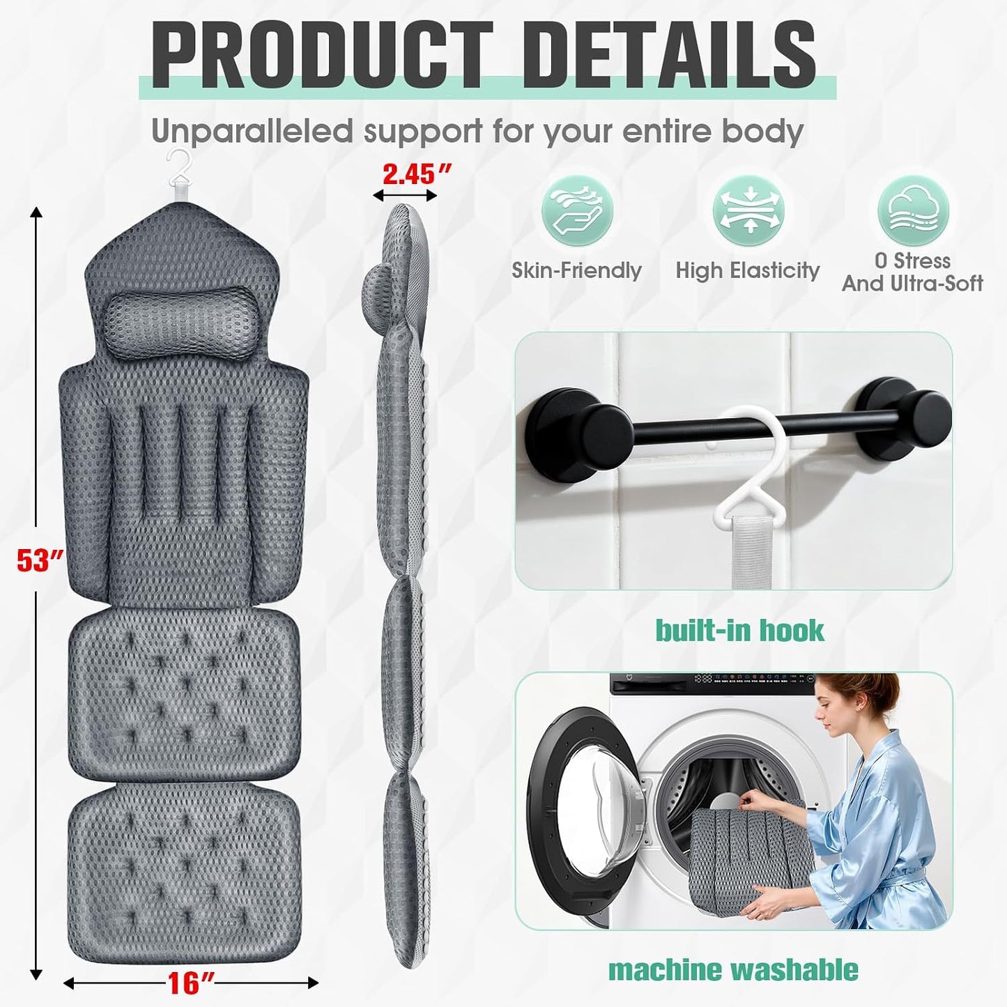 Upgraded Full Body Bath Pillow for Bathtub,Luxury Thick Bath Cushion for Soaking Tub with 192 Suction Cups,Full Body Bathtub Pillows for Head and Neck Shoulder Support,4D Air Mesh, 53" x 16" Dark Gray