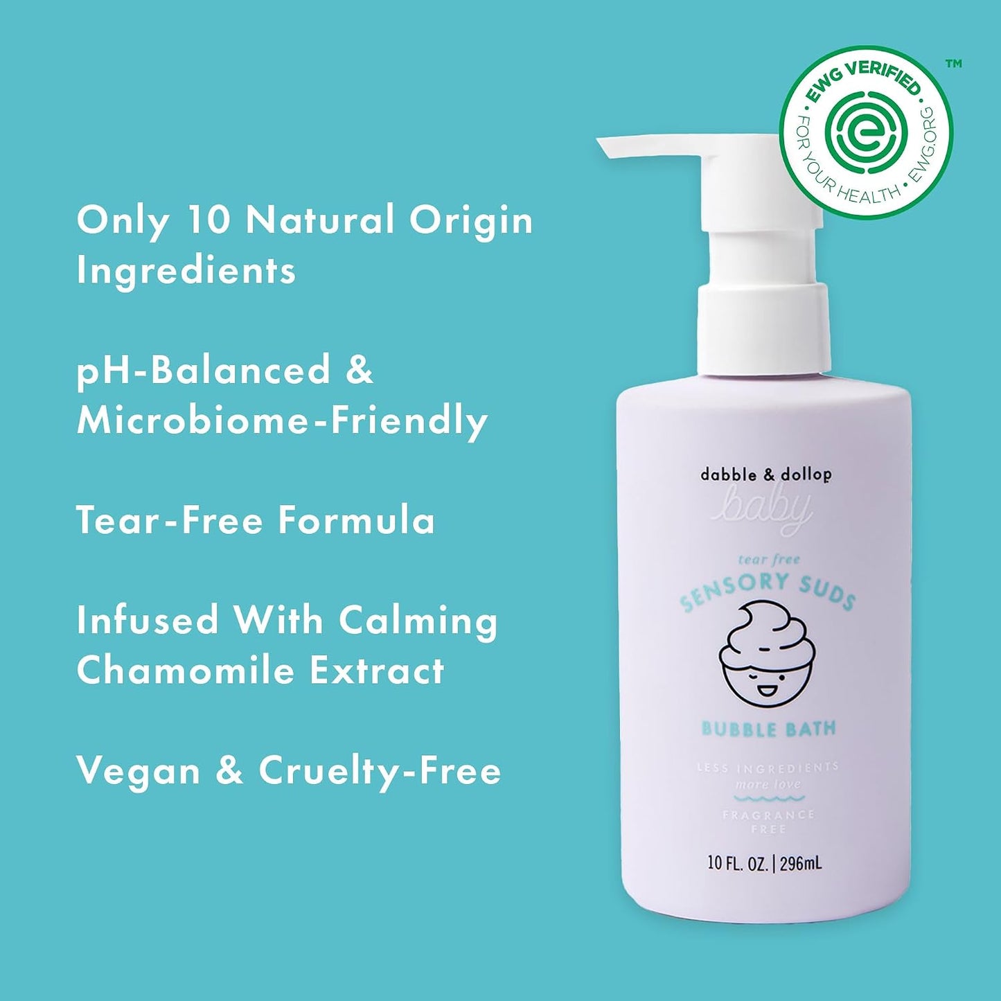 Dabble & Dollop Baby Bubble Bath for Sensitive Skin - Tear-Free & pH-Balanced, EWG-Verified, Fragrance-Free, Long-Lasting Baby Bath Bubbles (10 fl oz, Pack of 2)