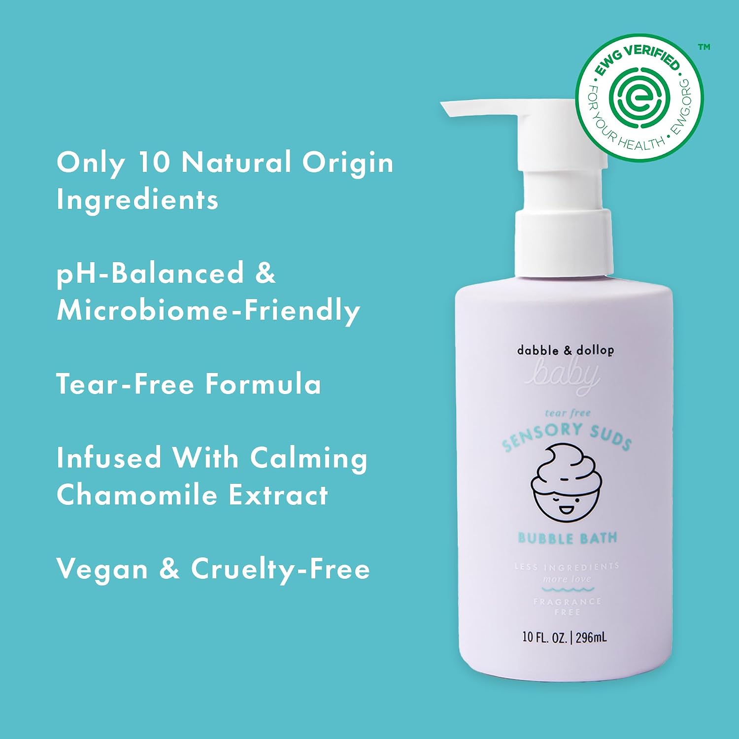 Dabble & Dollop Baby Bubble Bath for Sensitive Skin - Tear-Free & pH-Balanced, EWG-Verified, Fragrance-Free, Long-Lasting Baby Bath Bubbles (10 fl oz, Pack of 2)