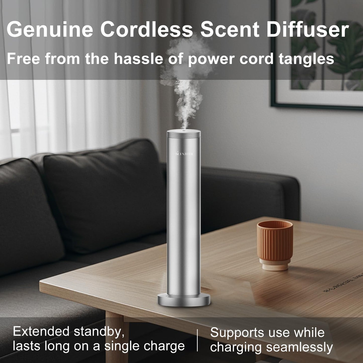 Wireless Hotel Scent Diffuser-Cordless Rechargeable Diffuser for Whole House- Scent Air Machine for Home -App Bluetooth Control -Waterless Essential Oil Diffuser for Large Room, Studio Office -Silver