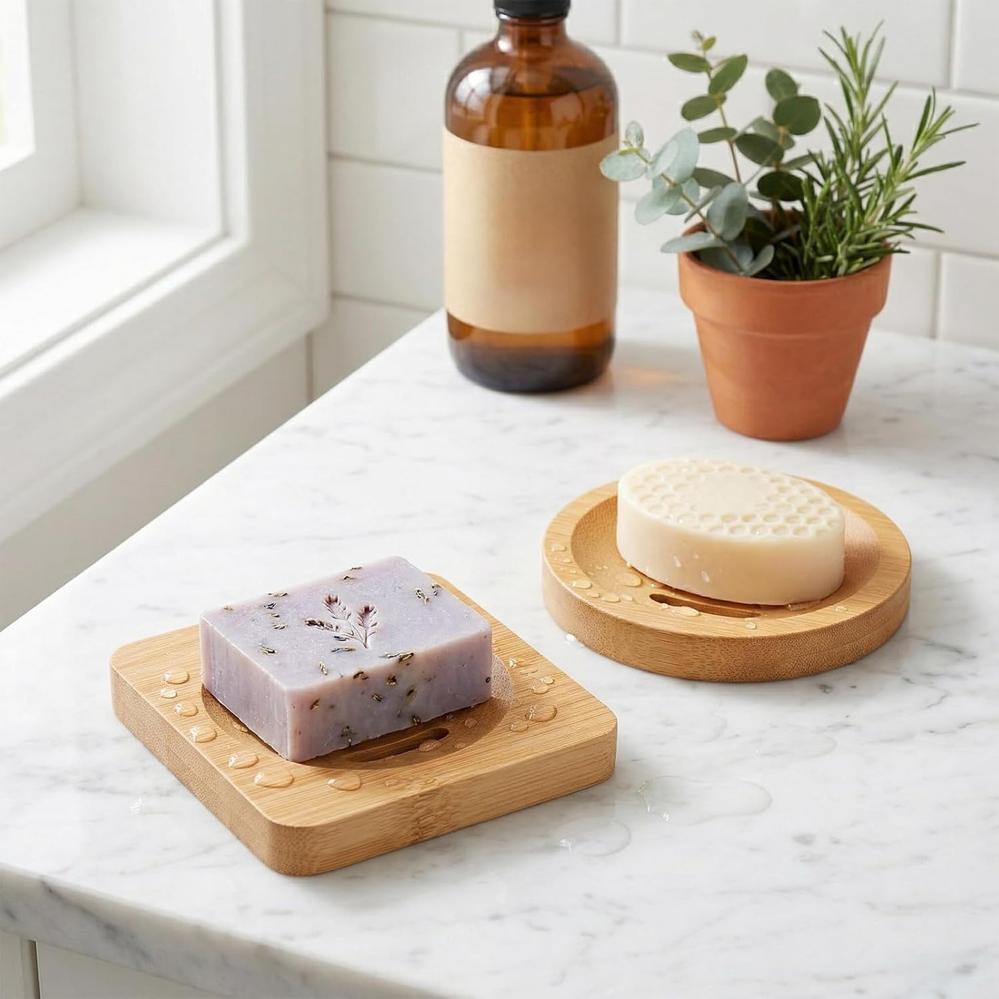 2 Pcs Shower Steamer Holder, Bamboo Soap Dish, Bamboo Soap Holder Wooden Soap Dishes for Shower, Bar Soap Holder with Self Draining Tray for Kitchen Bathroom Accessories(Round and Square)