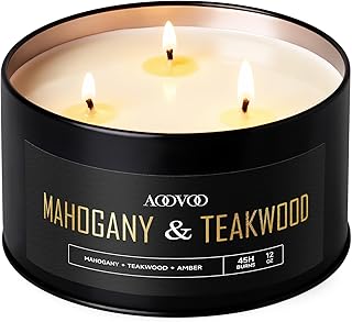 AOOVOO Mahogany Teakwood Candles for Men - 3 Wick 12oz Large Scented Candle, Long Lasting Soy Candles for Home Scented, Strong Fragranced Masculine Black Candle Gift for Father Day, Women & Men