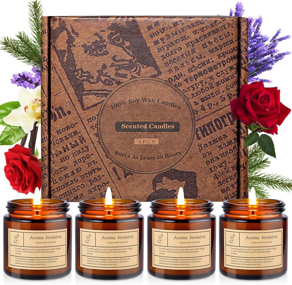 4 Pack Candles for Home Scented,Amber Jar Aromatherapy Candle Gifts for Women,Scented Candles Set for Mother's Day Christmas Valentine Thanksgiving Brithday Gifts,Soy Wax Candle Set for Stress Relief