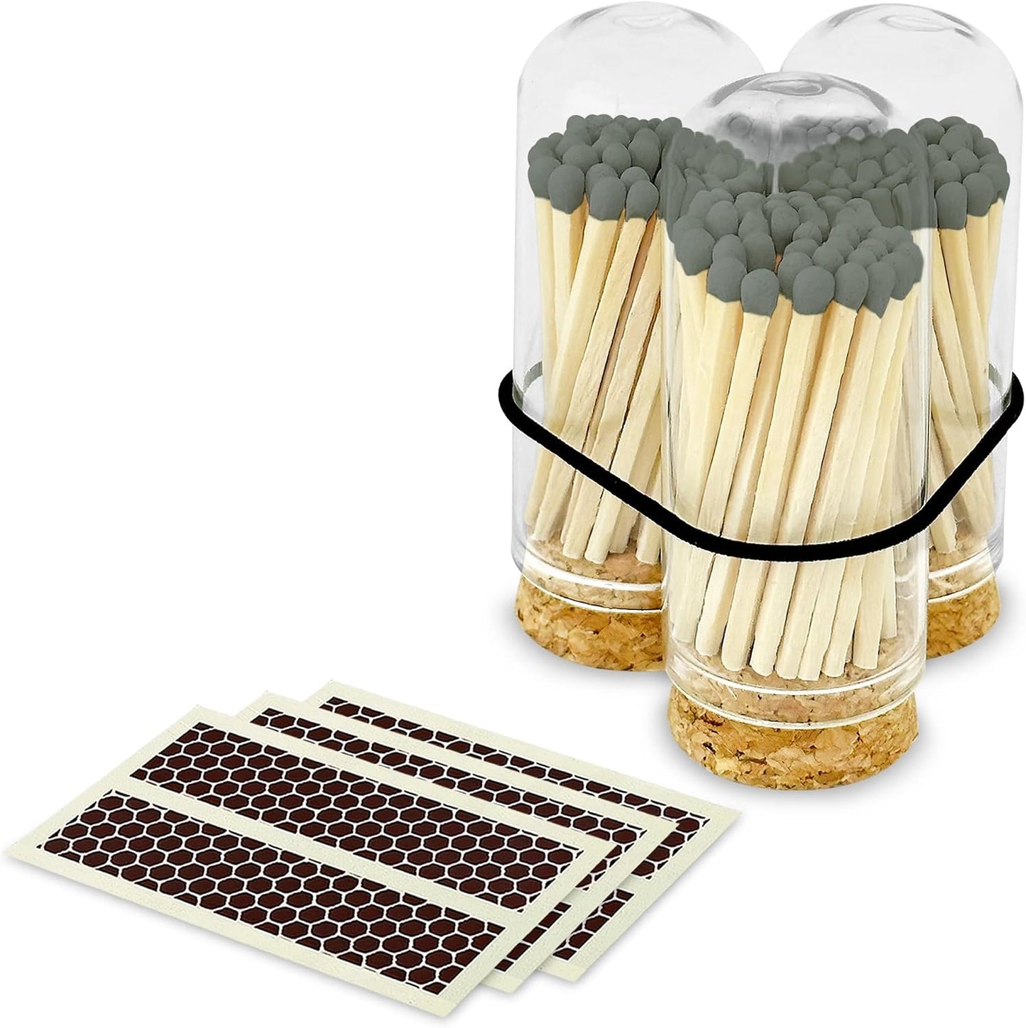 2" Gray Tip Matches with 3 Mini Cloche Jar + Striker Stickers Included | 100 Stylish Decorative Matches with Small Cork Top Glass Holder | Gifts, Home Decor, & Candle Accessories by Thankful Greetings