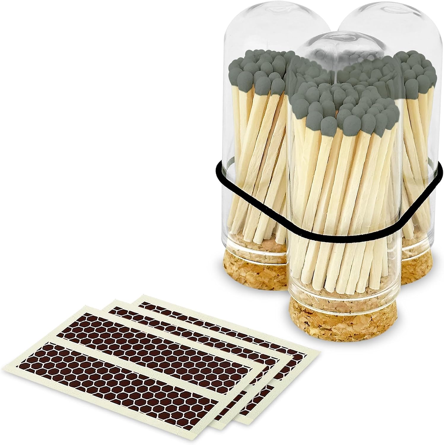 2" Gray Tip Matches with 3 Mini Cloche Jar + Striker Stickers Included | 100 Stylish Decorative Matches with Small Cork Top Glass Holder | Gifts, Home Decor, & Candle Accessories by Thankful Greetings