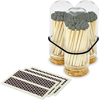 2" Gray Tip Matches with 3 Mini Cloche Jar + Striker Stickers Included | 100 Stylish Decorative Matches with Small Cork Top Glass Holder | Gifts, Home Decor, & Candle Accessories by Thankful Greetings