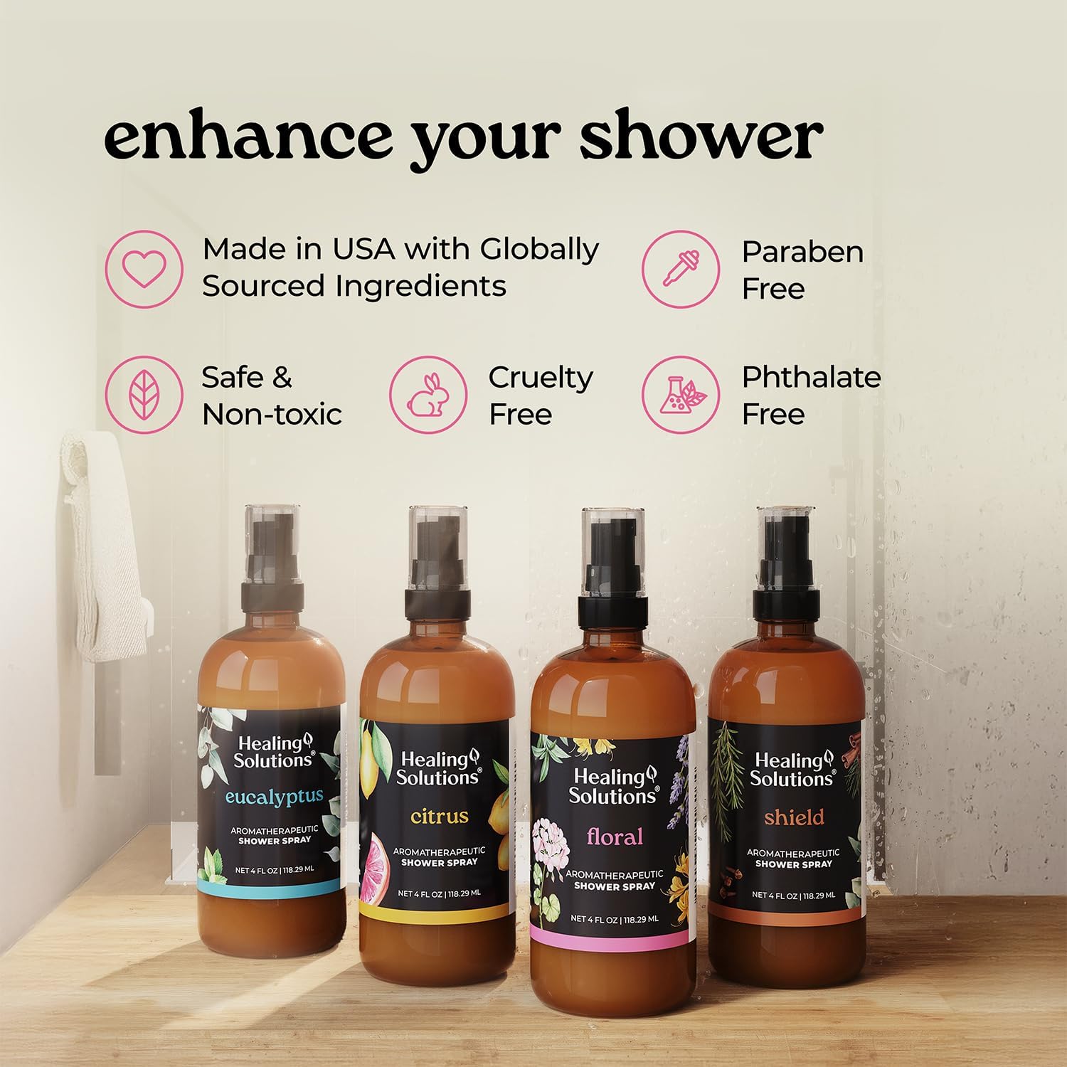 Healing Solutions Aromatherapy Shower Spray, Floral Blend, 4oz, Therapeutic Grade Essential Oils, Made in the USA, At Home Spa Experience (4oz, Floral)