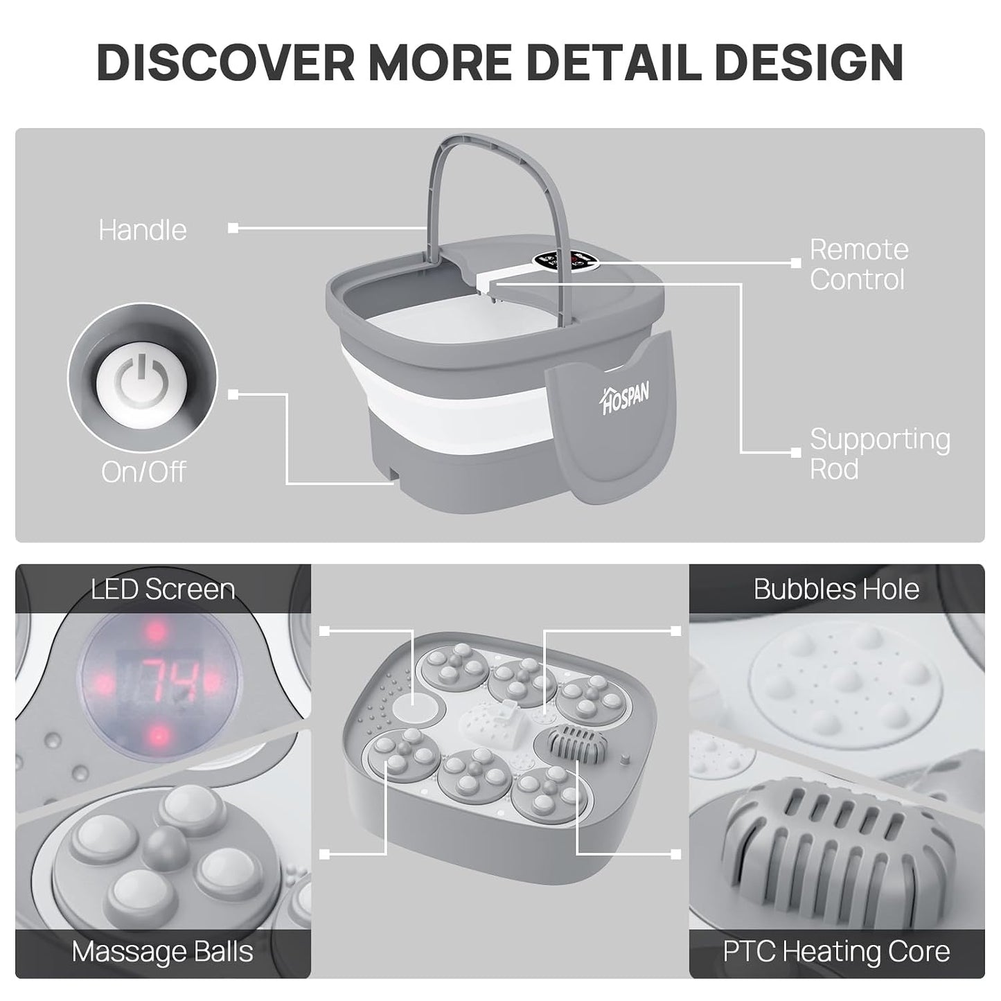 HOSPAN Collapsible Foot Spa Electric Rotary Massage, Foot Bath with Heat, Bubble, Remote, and 24 Motorized Shiatsu Massage Balls. Pedicure Foot Spa for Feet Stress Relief