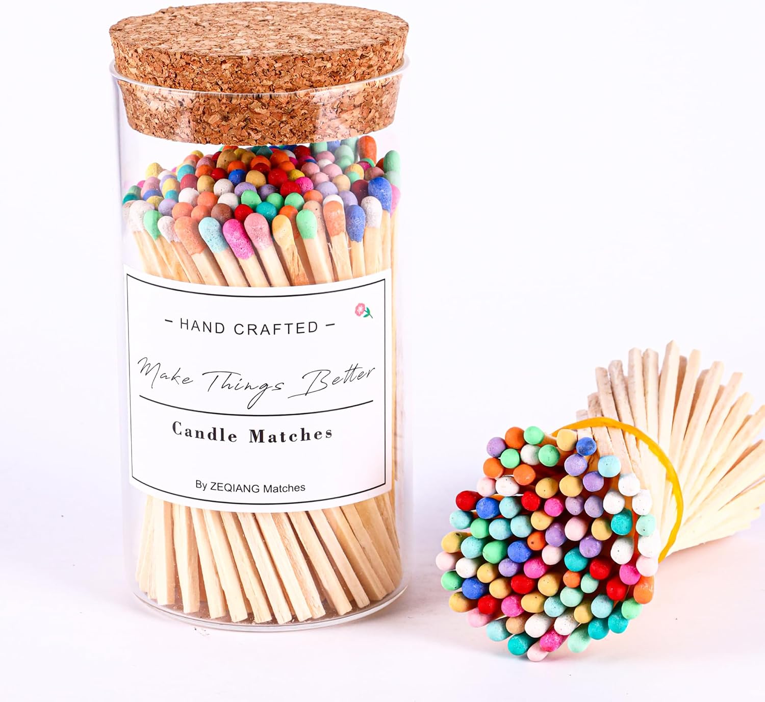 150Pcs Rainbow Matches Included, Glass Match Holder with Striker, Match Bottle with Candles Matches, Match in a Jar with Striker, 4'' Colorful Match, Long Wooden Safety Match for Fireplace BBQ