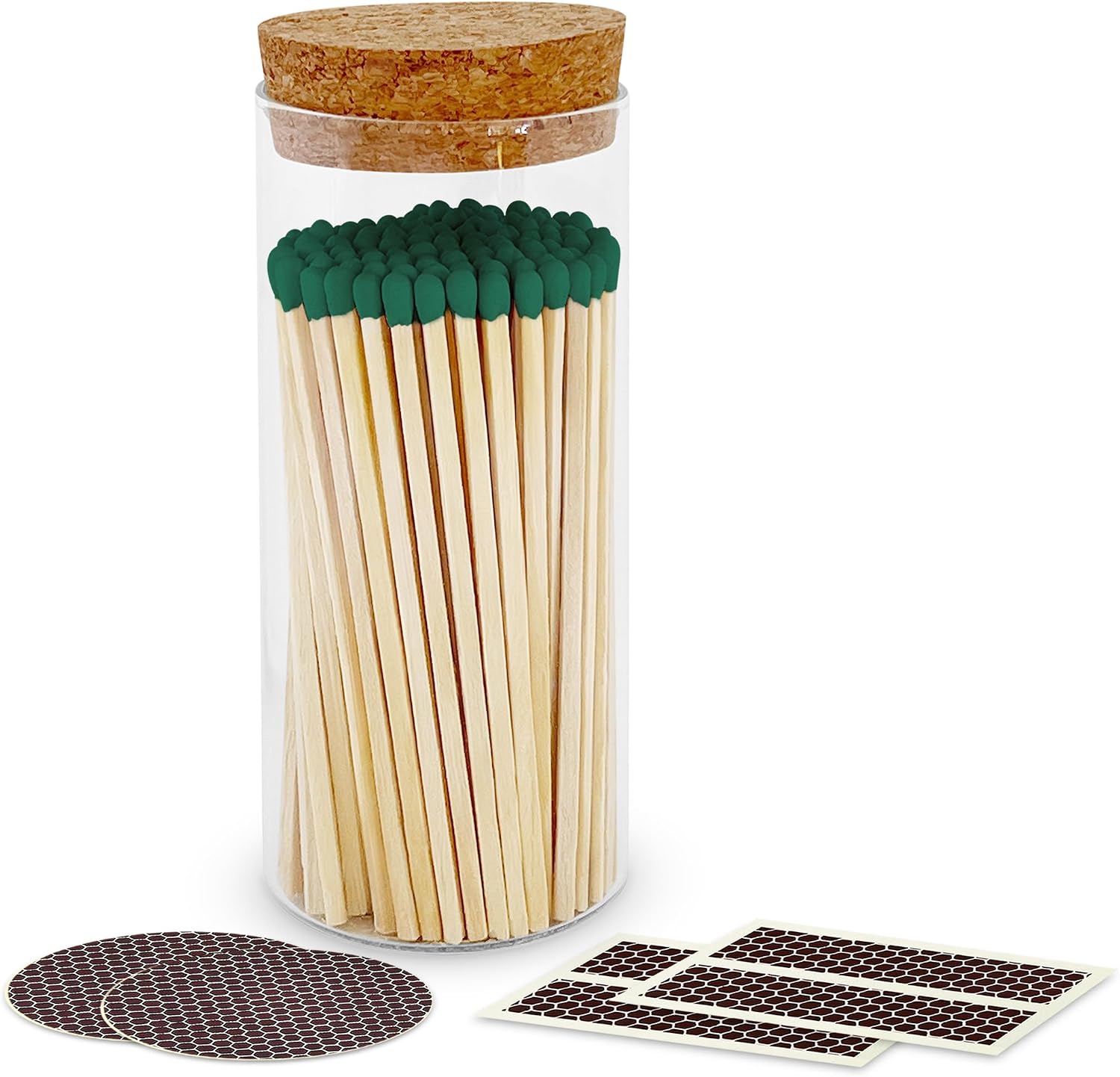 Thankful Greetings Decorative Matches in a Glass Jar | 4" Ever Green Long Matches (100 match sticks) + Cork Top Glass Holder + Striker Stickers | Gifts, Décor, & Candle Accessories, USA