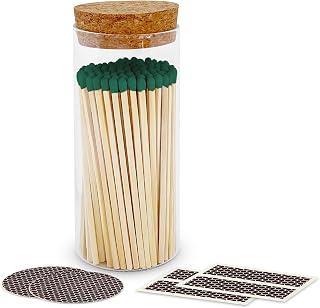 Thankful Greetings Decorative Matches in a Glass Jar | 4" Ever Green Long Matches (100 match sticks) + Cork Top Glass Holder + Striker Stickers | Gifts, Décor, & Candle Accessories, USA
