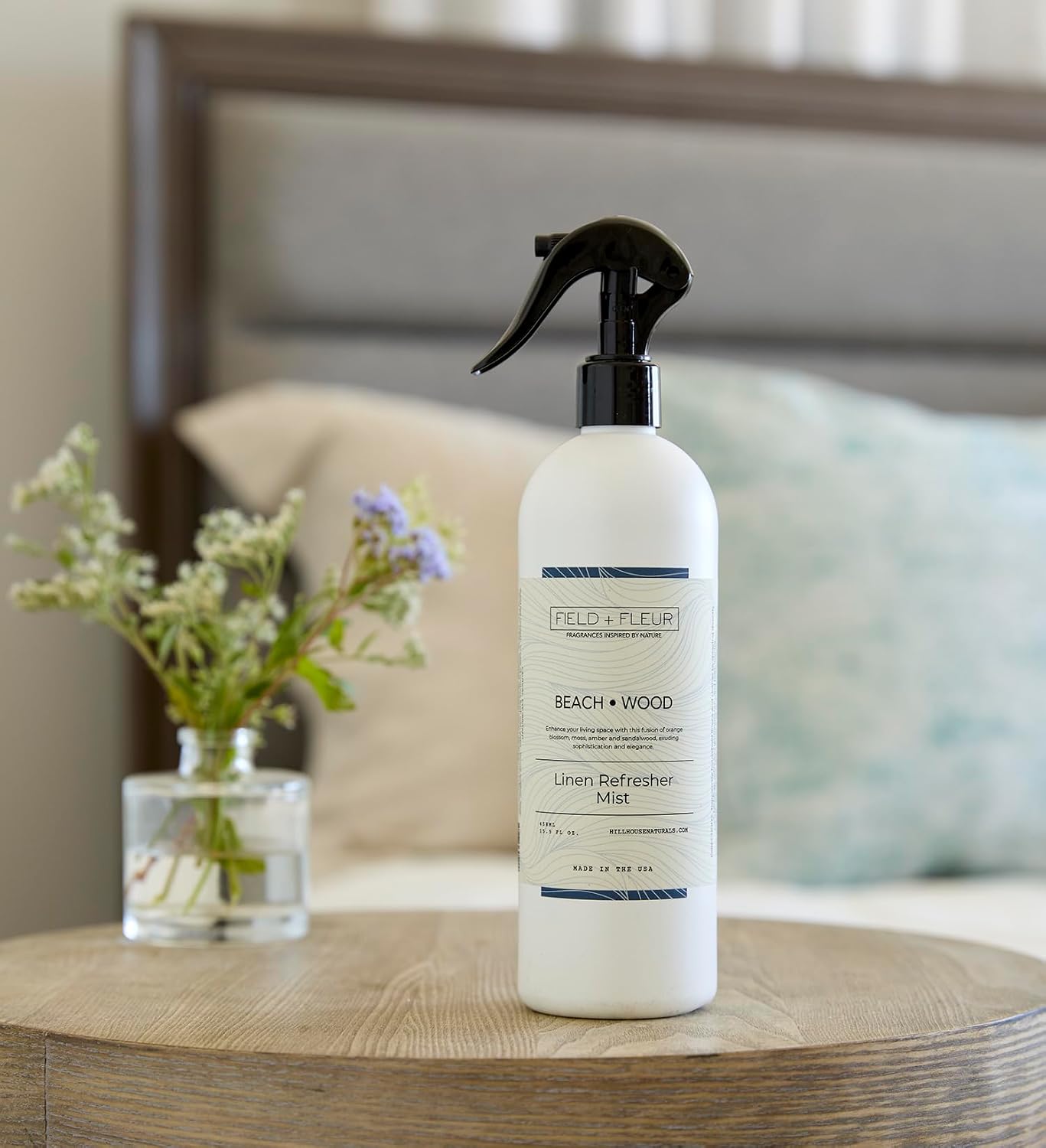 Field + Fleur - Linen Refresher Mist - Aromatic Spray for Fabrics - Refresh Bedding, Curtains & More - Notes of Orange Blossom, Moss, Amber & Sandalwood - Made in the USA -Beach Wood Scent -15.5 Fl Oz