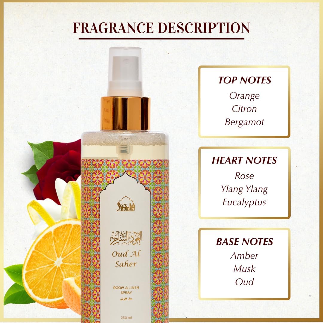 Oud al Saher Arabic Room Spray by Dukhni | 250ml Oud fragrance Air Freshener, Attar al Faraash for home & prayer mats | Bed linen, Sofa Mist, natural home scent, curtain spray, odour eliminator