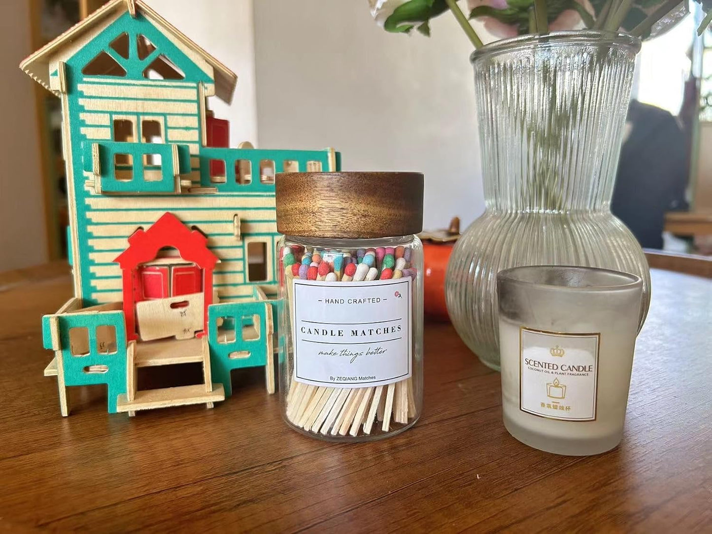 150Pcs 3'' White Matches in a Jar with Striker, Glass Match Holder with Striker, Glass Match Cloche with Striker, Match Bottle with Candles Matches for Fireplace, 150Pcs Long Wooden Safety Matches