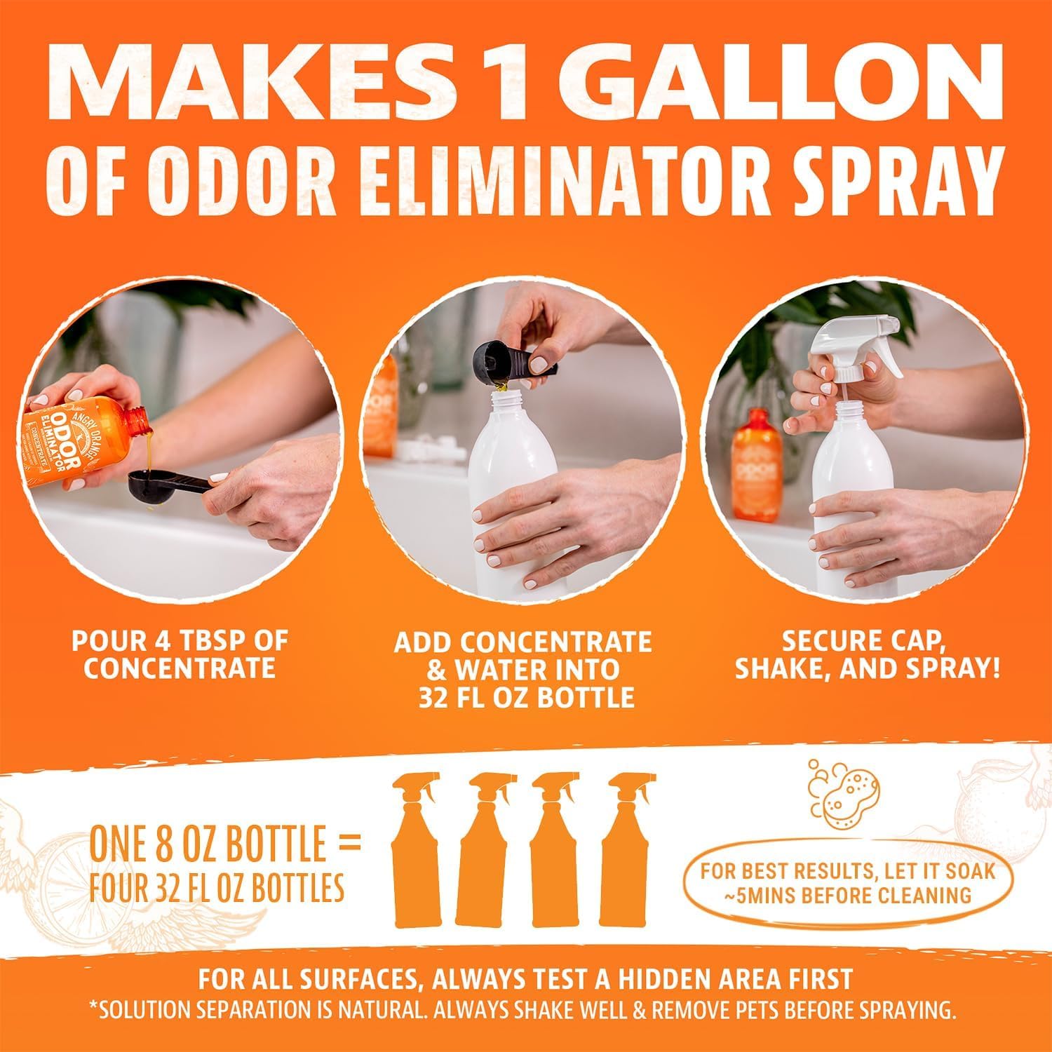 Angry Orange Pet Odor Eliminator 8 oz. bottle- Industrial Strength Pet Odor Remover - Makes (4) 32oz. Bottles - 1 Gallon - Neutralizes and Sanitizes Tough Pet Odors Fast