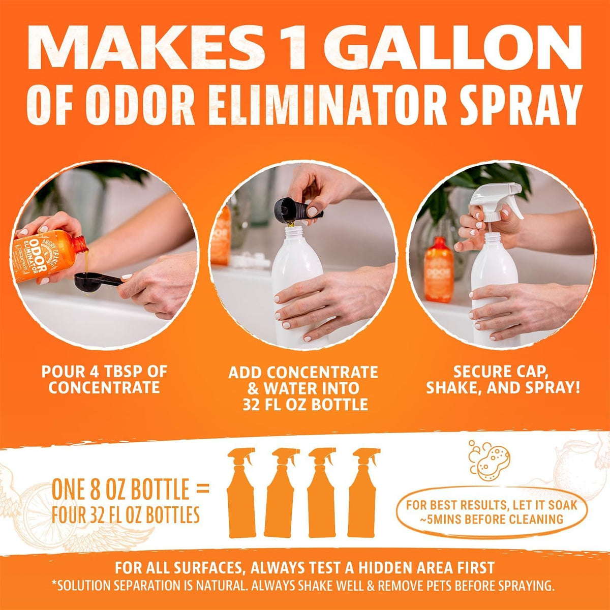 Angry Orange Pet Odor Eliminator 8 oz. bottle- Industrial Strength Pet Odor Remover - Makes (4) 32oz. Bottles - 1 Gallon - Neutralizes and Sanitizes Tough Pet Odors Fast