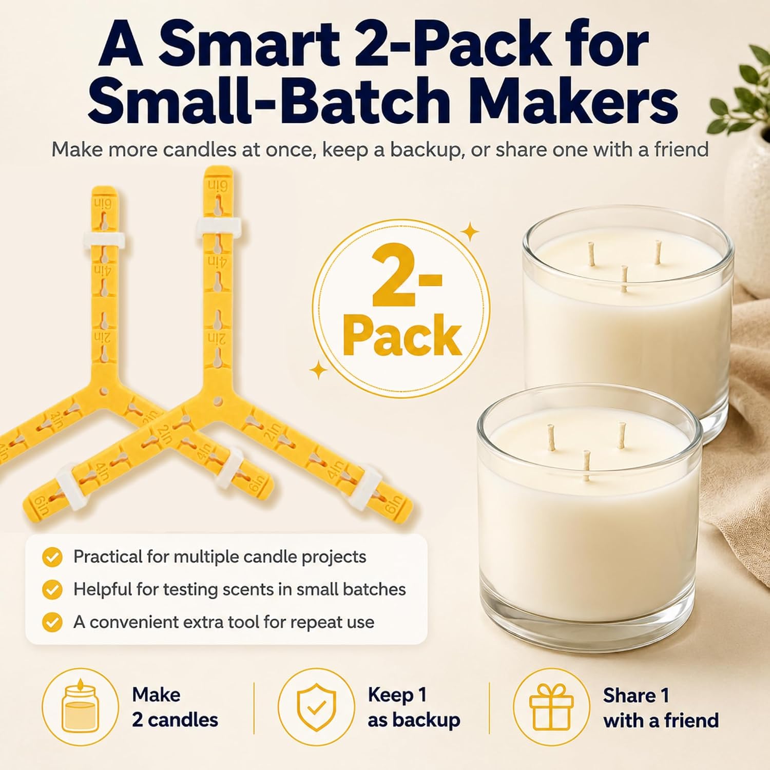3-Wick Candle Holder | Wick Centering Tool | Includes 2 Sizes Wick Stickers (40 Large + 48 Small) + 1 Cotton Linen Bag | ABS Material for Better Heat Resistance
