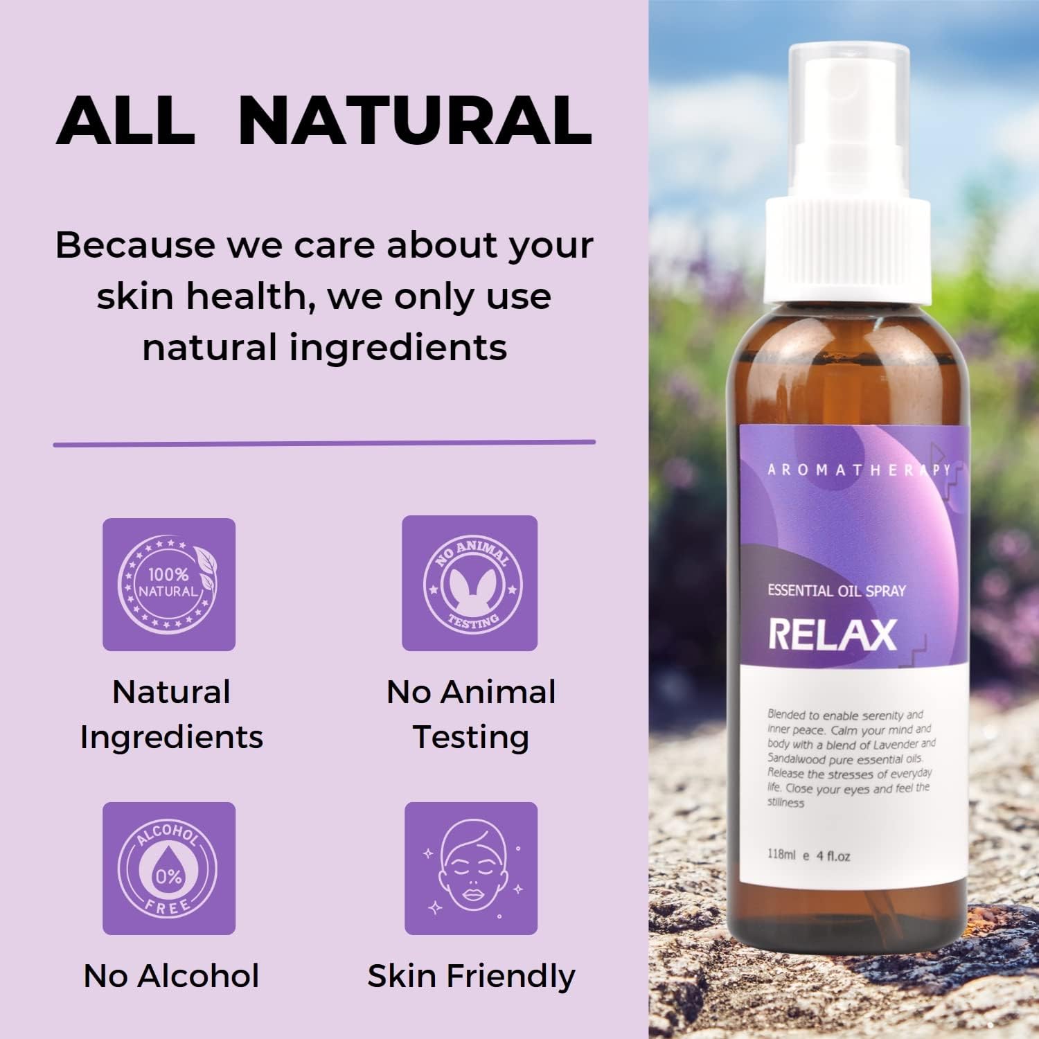 Benatu Lavender Sandalwood Essential Oil Blend Spray for Body and Hair, Multi-Use Natural Relax Scent Aromatherapy Room Mist for Pillow, Fabric, Bedding, Linen, Car 4 fl oz